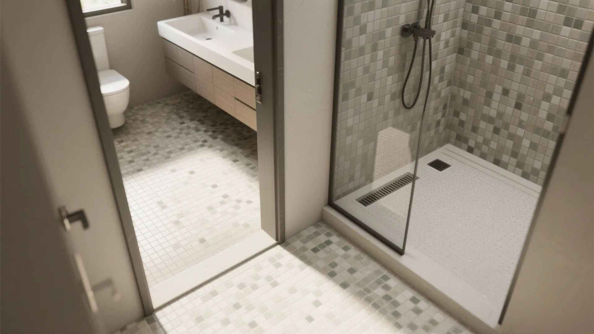 Continuous Floor-to-Shower Tile for a Barrier-Free Look