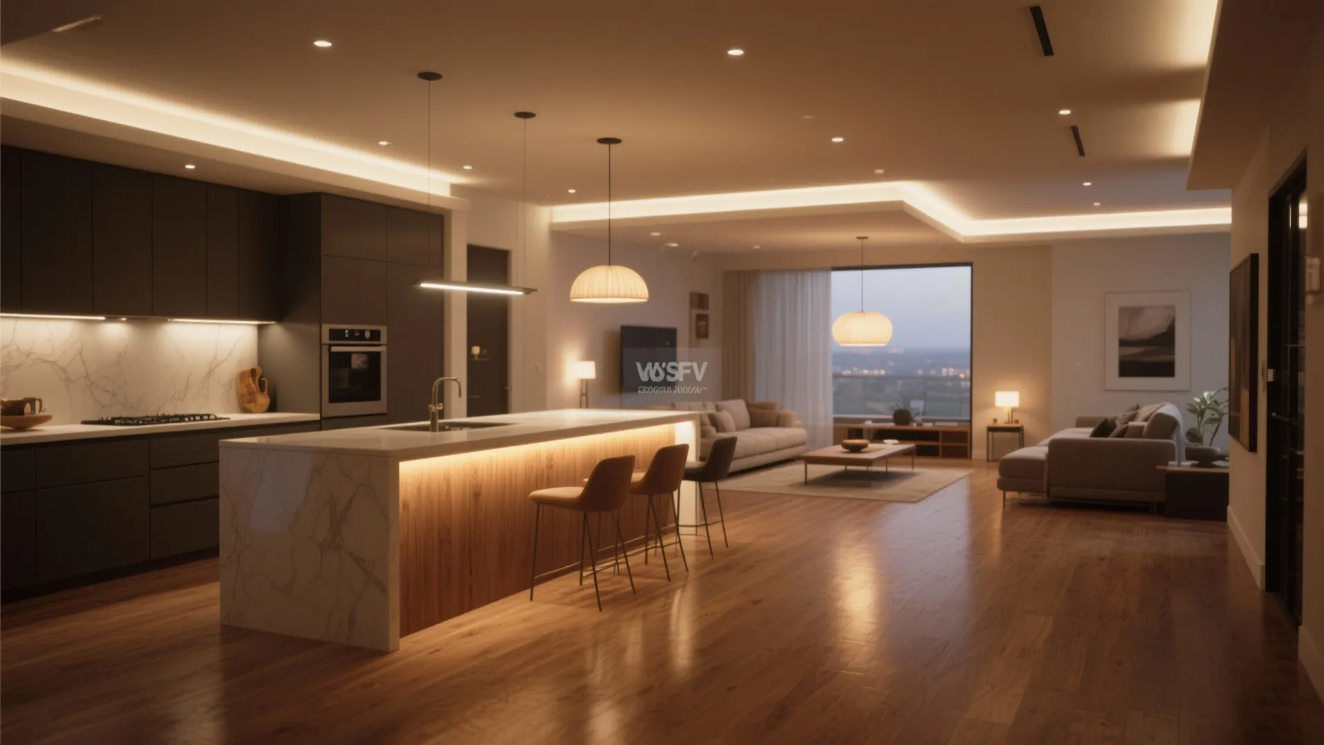 Continuous oak flooring from kitchen into living area with layered lighting including pendant and under-cabinet strips.