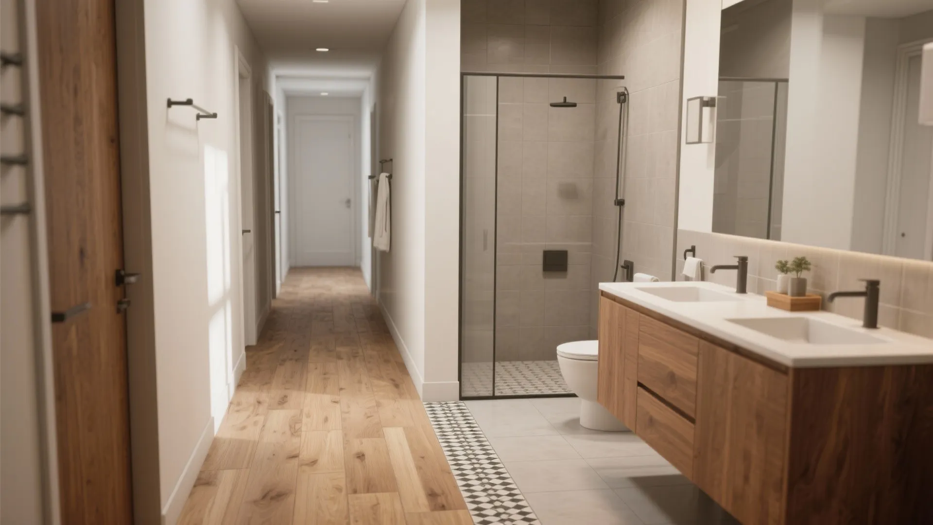 5. Carry flooring and coordinated finishes through the hallway