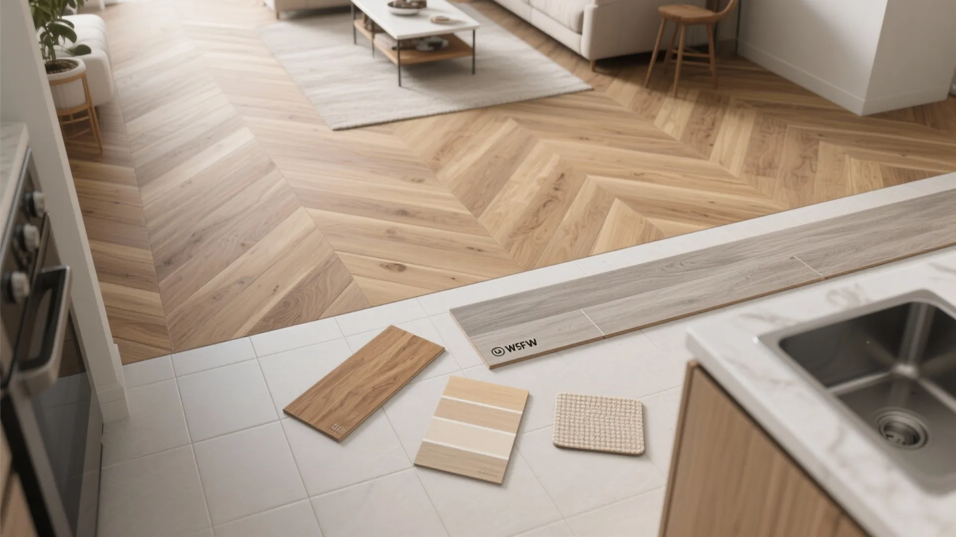 1. Use a continuous floor to visually expand the space