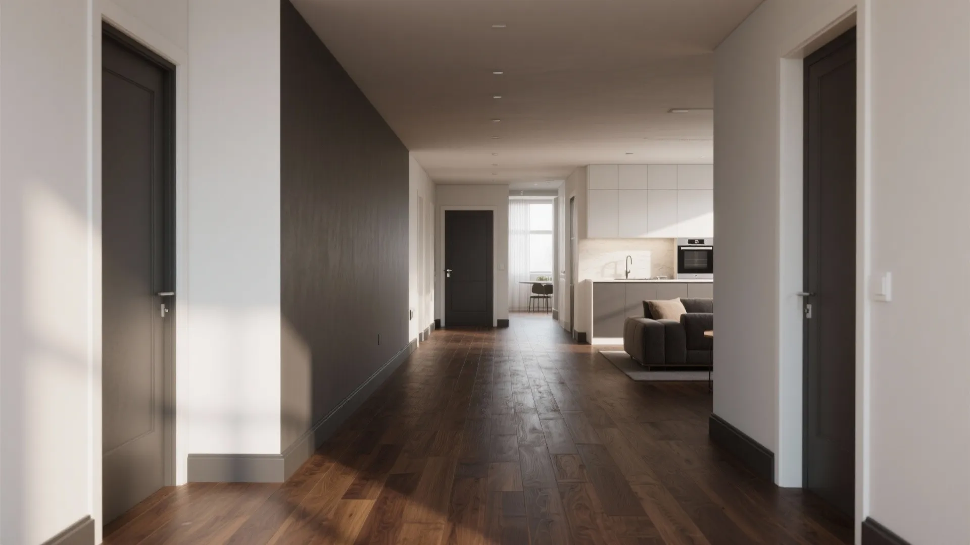 Long hallway with dark wood flooring leading toward an open plan kitchen and living area
