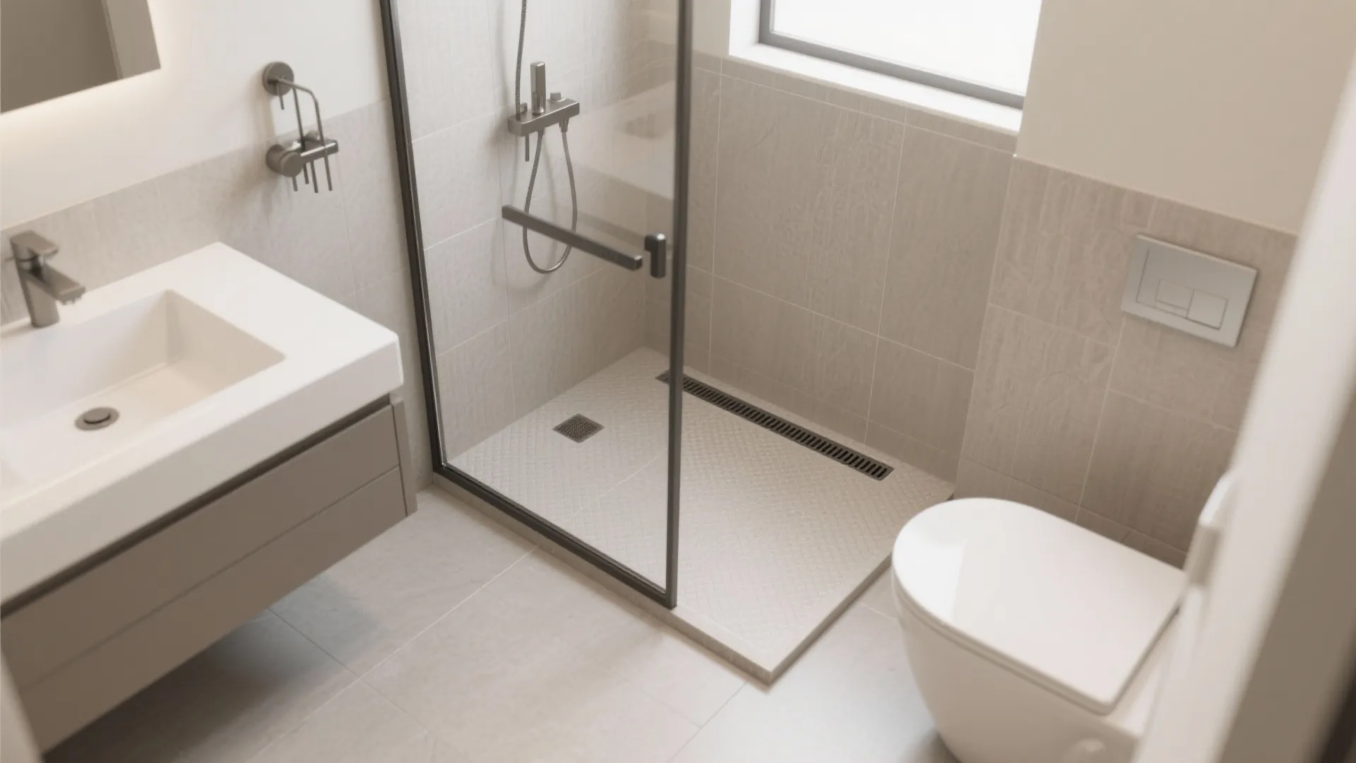 Interior design drawing of a compact bathroom with glass shower door white sink and toilet