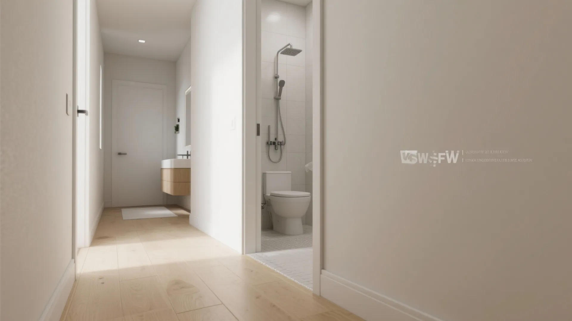 4. Continuous floor from hallway into bathroom