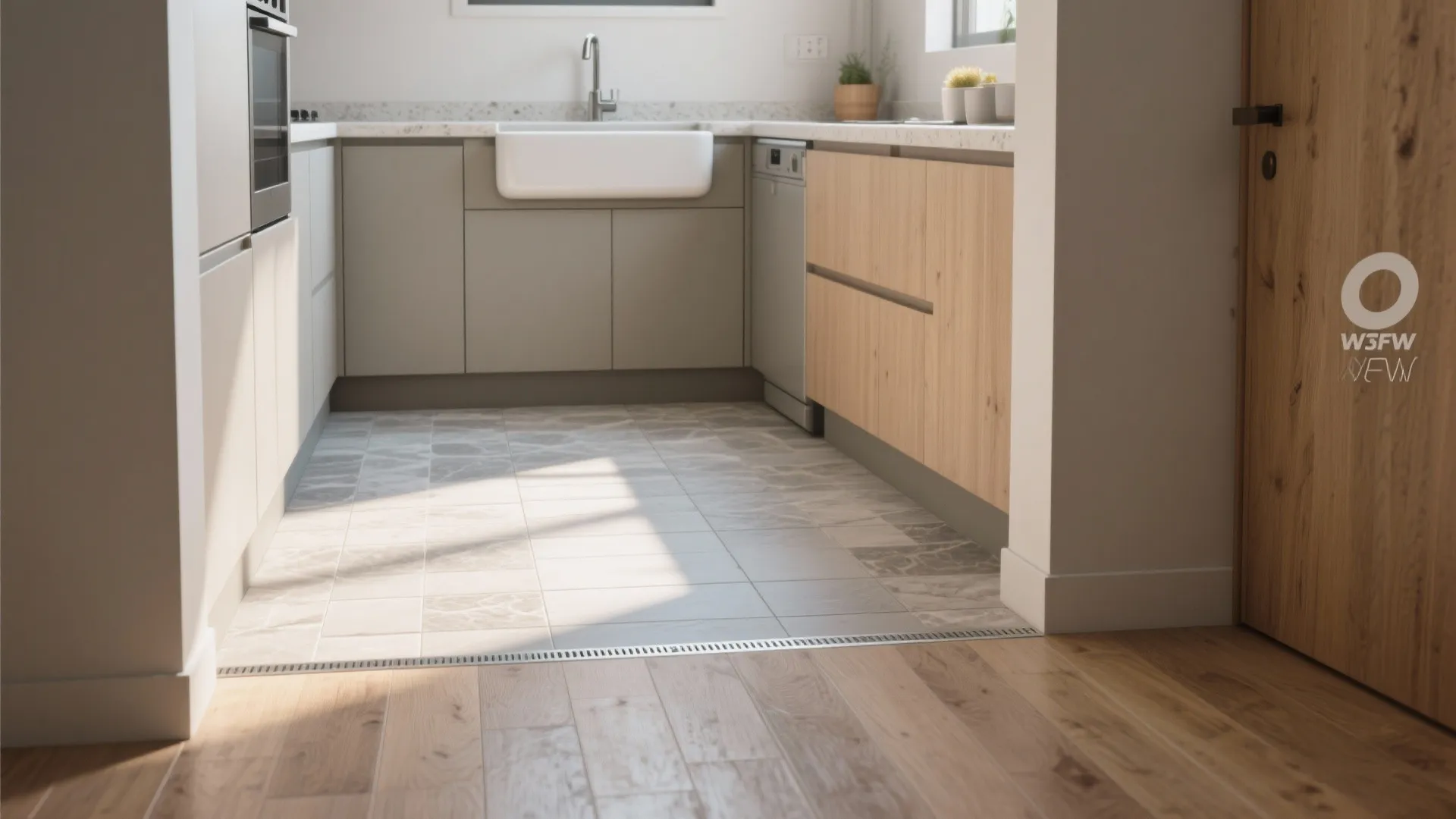 Kitchen interior showing transition from light wood floor to grey square tiles near wood cabinets