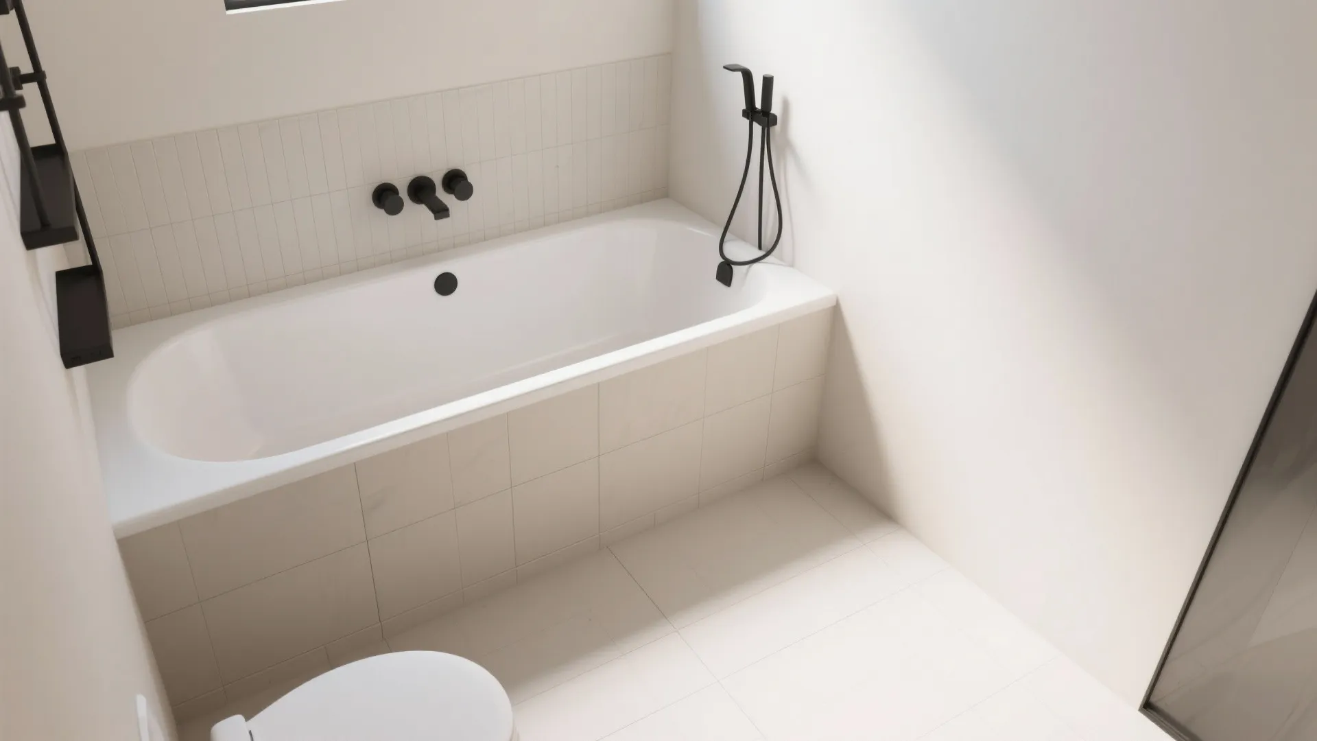 Small bathroom with continuous porcelain flooring and a low-profile curved-corner alcove tub.