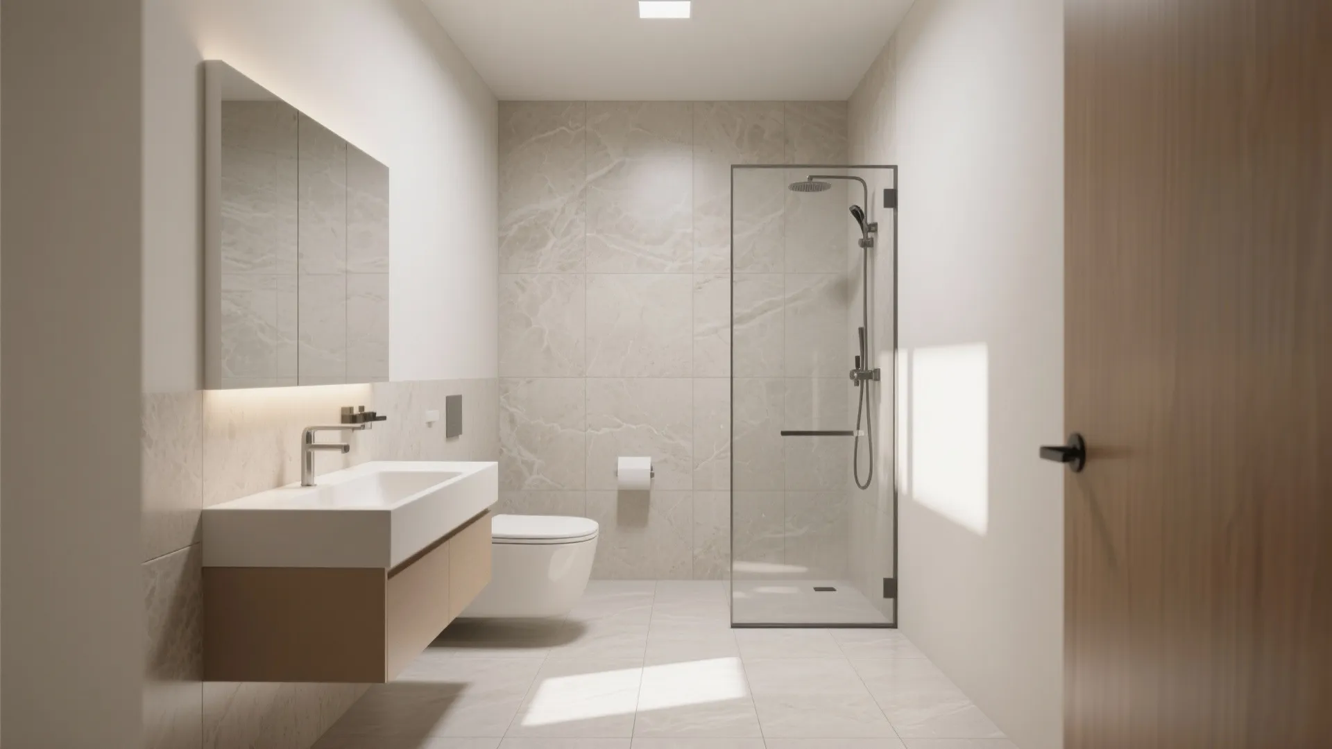 Clean bathroom interior design with grey marble tiles glass shower door white sink and mirror