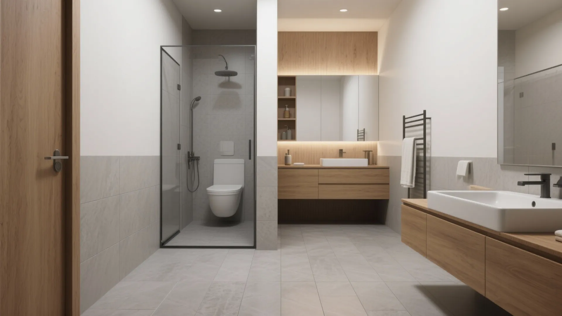 Modern bathroom design with grey floor tiles wooden vanity cabinets glass shower and wall lights