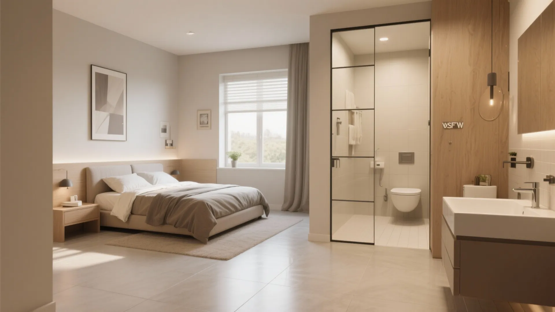 Modern open bedroom and bathroom suite with light wood furniture plus integrated glass shower area