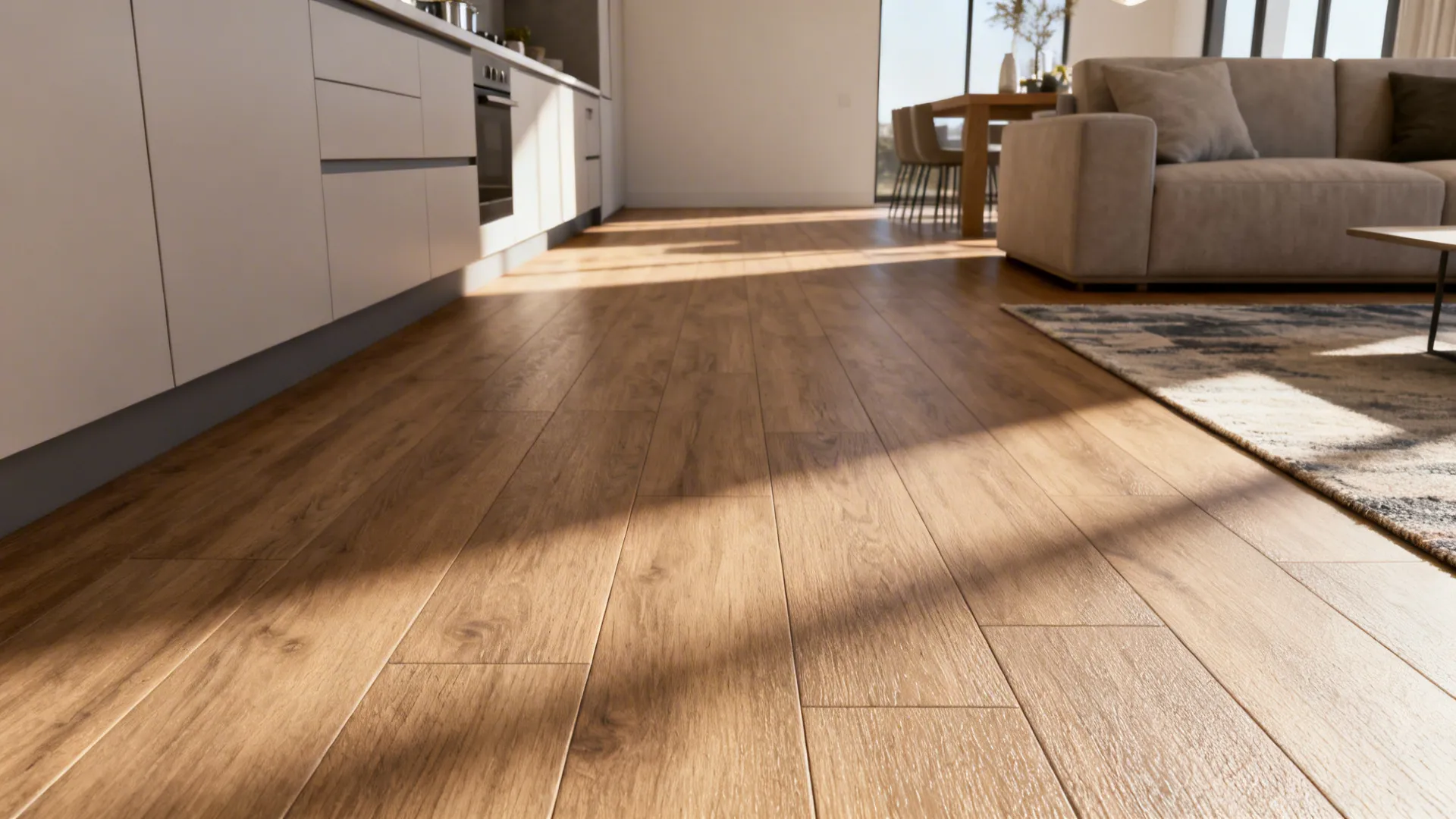 Sunlight falling on light brown wooden flooring connecting modern kitchen cabinets to living room sofa area