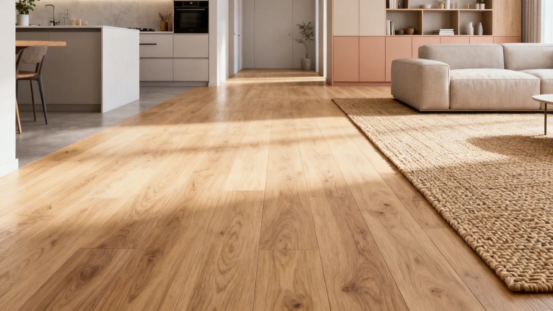 1. Continuous flooring to visually expand the space