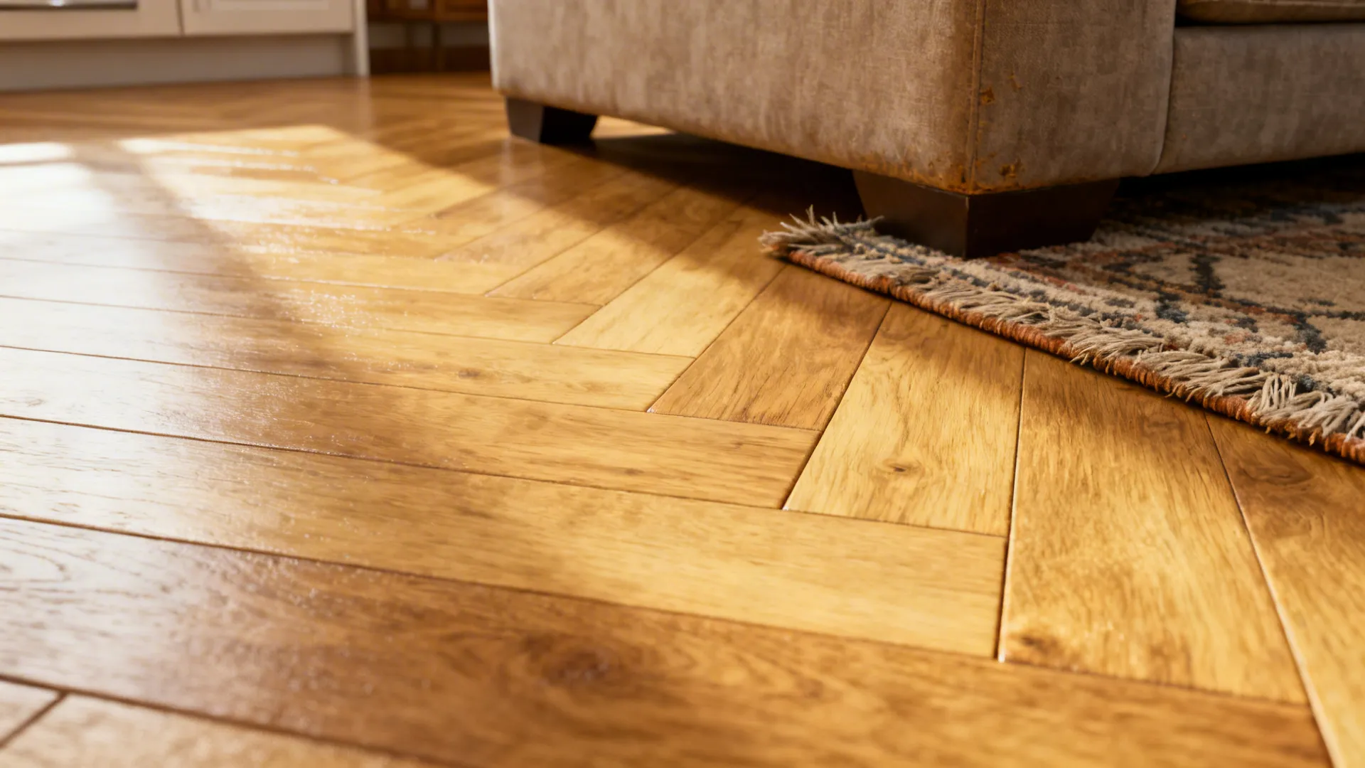 Close up of wooden floor with pattern next to a beige sofa and a grey rug