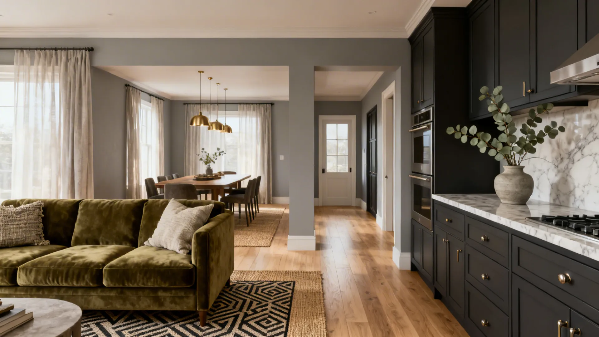Unified continuous wood flooring and a coordinated neutral palette across an open-plan kitchen and living area.