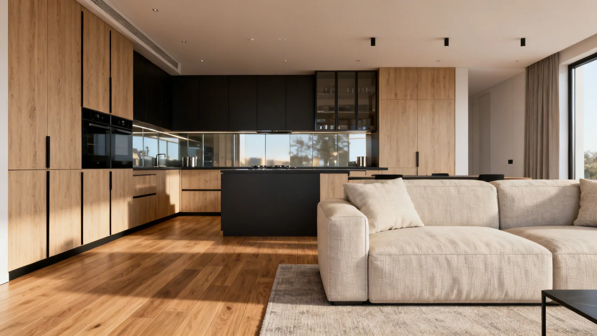 Continuous oak-look flooring and a warm neutral palette unite kitchen and living areas.