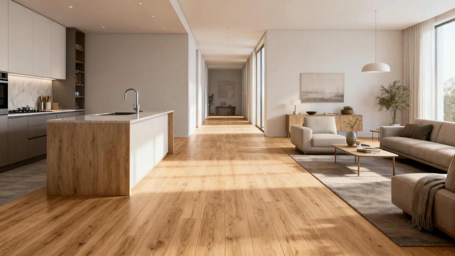 1. Use a continuous flooring flow to visually expand the space