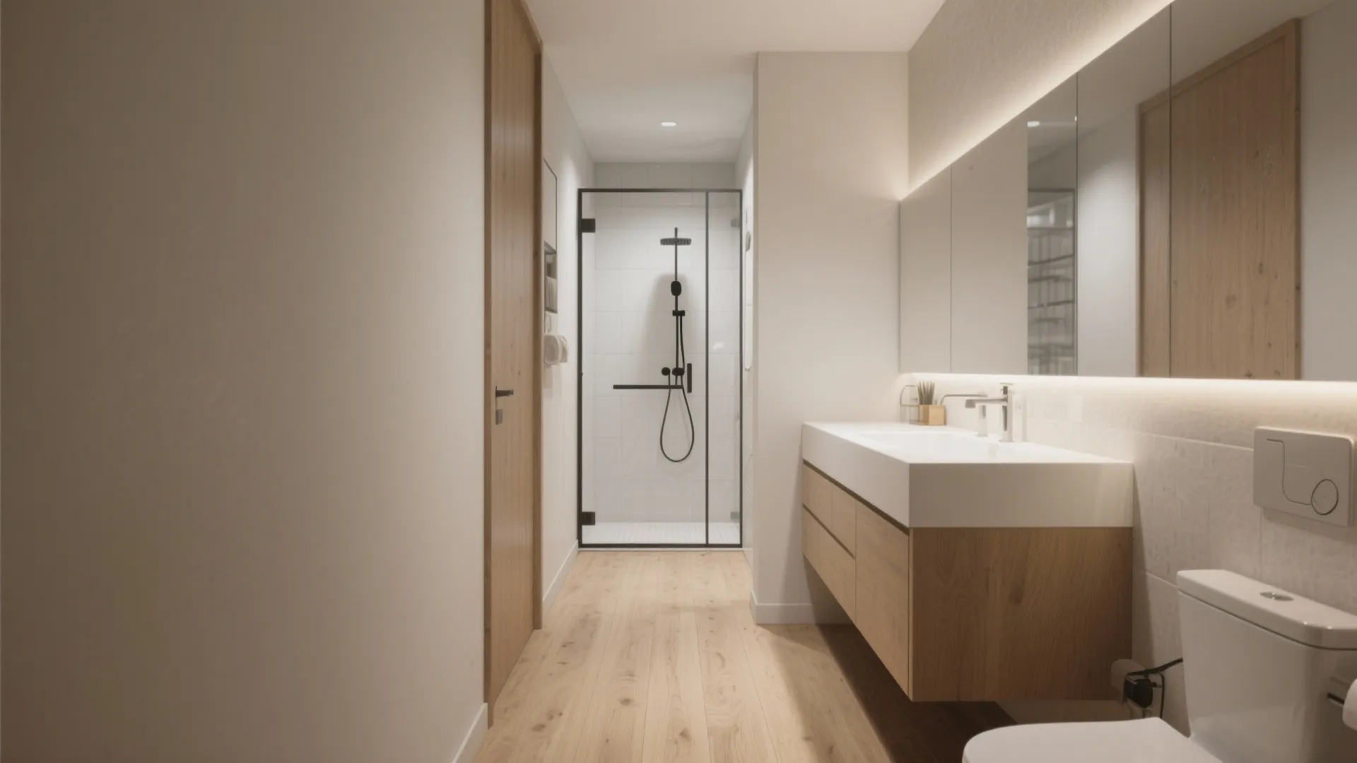 Modern bathroom with light wood flooring white walls floating wooden cabinet and glass shower door