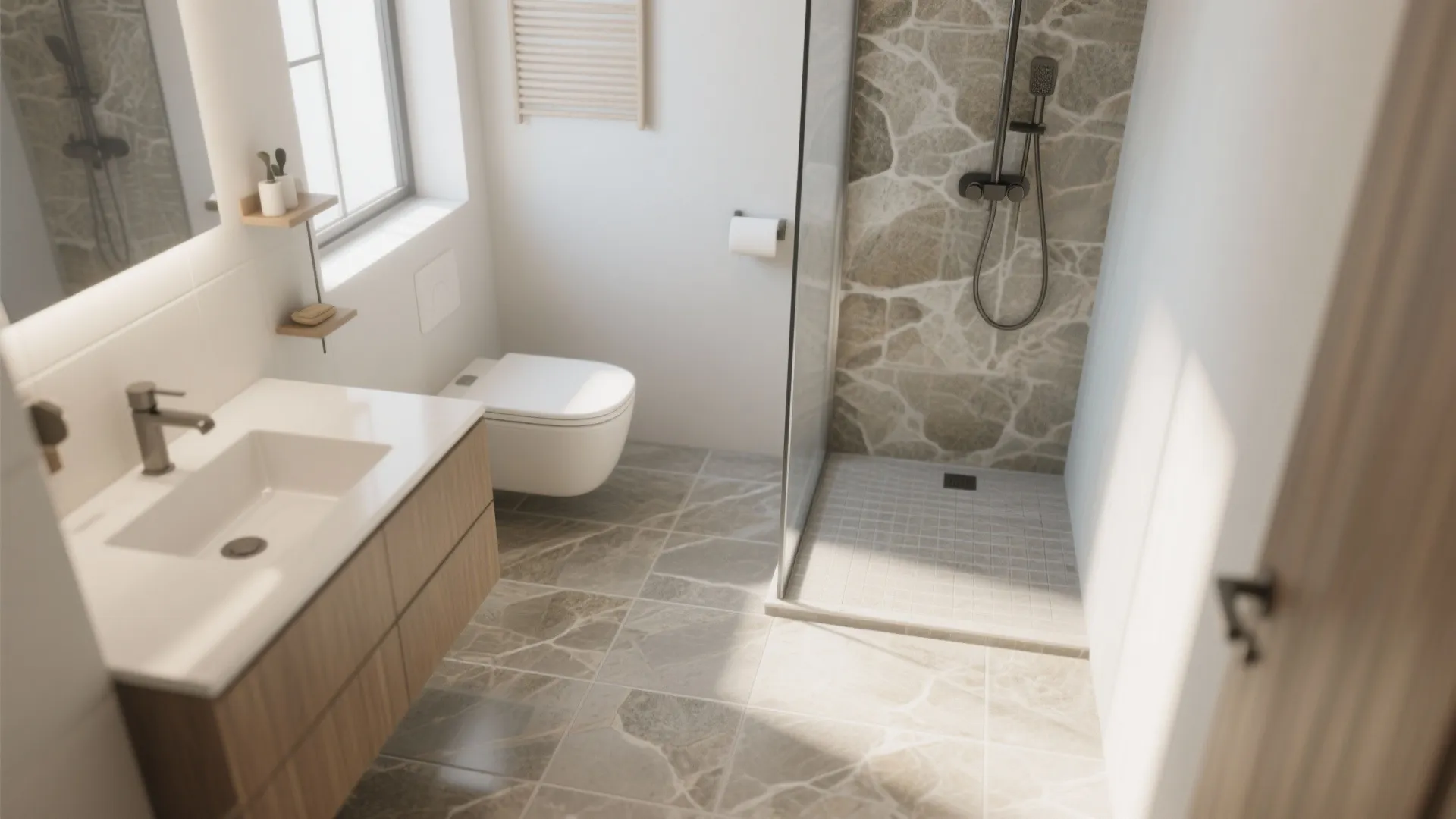Contemporary bathroom featuring stone wall walk in shower wood vanity white toilet and grey tile floor