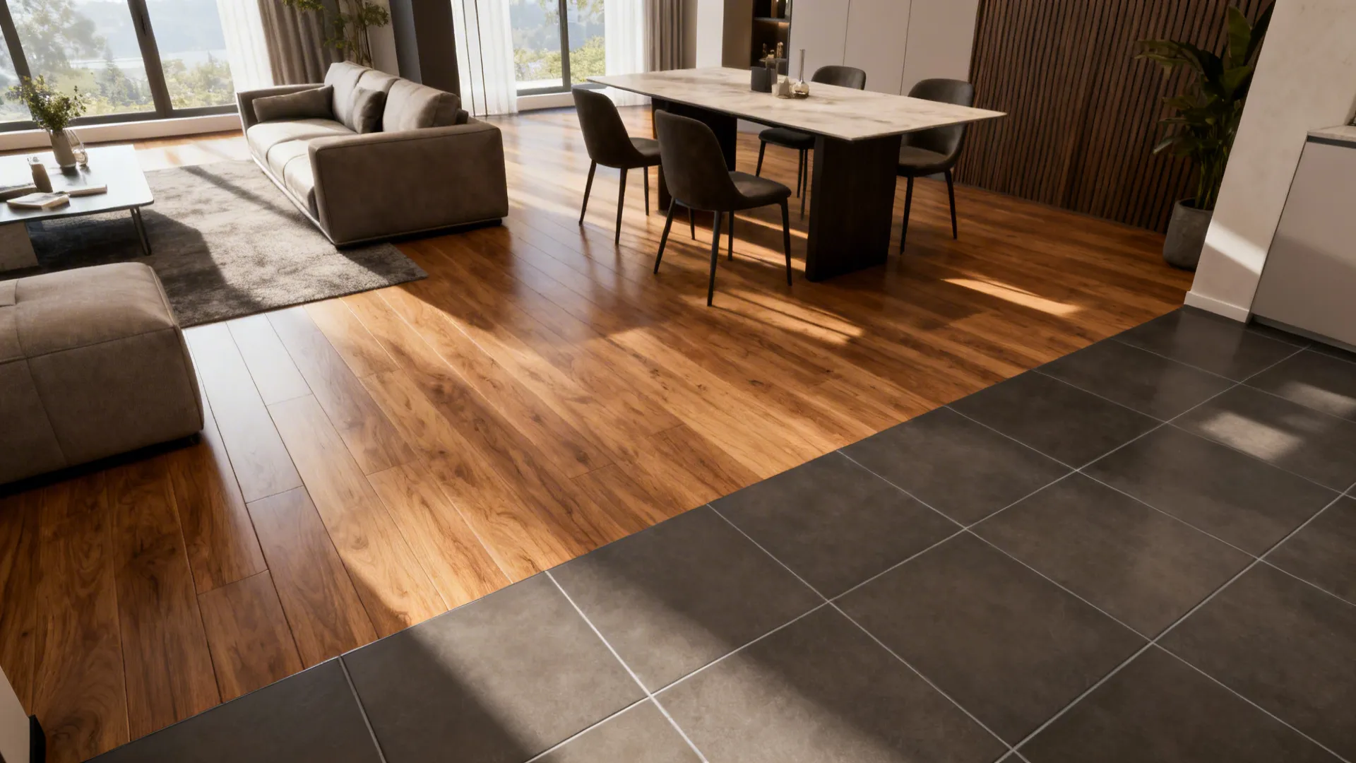Continuous flooring with wood and matte tile textures across a small open-plan space