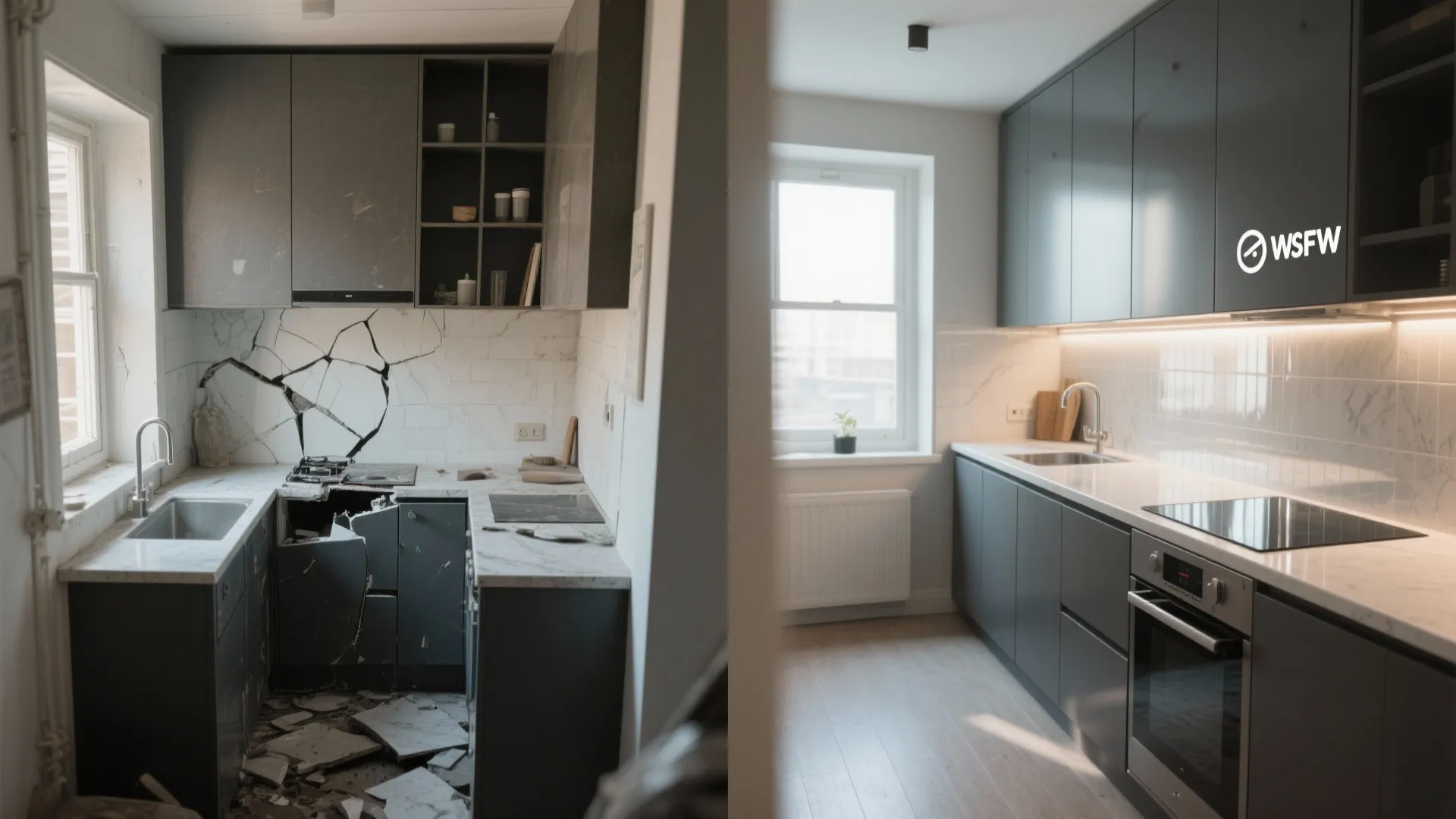 Before and after comparison of a broken old kitchen versus a clean modern grey design