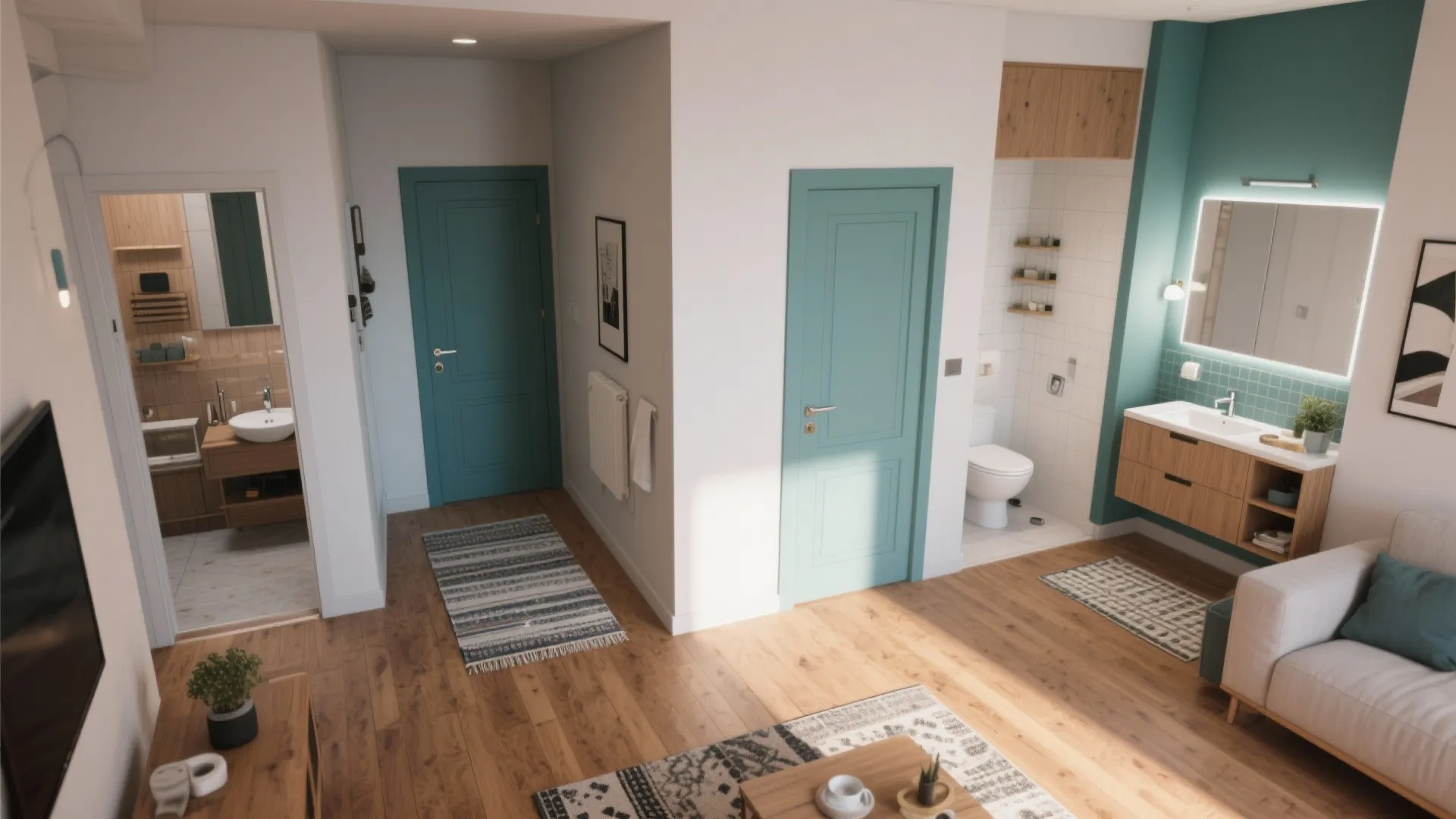 Modern apartment interior featuring green doors wooden floors bathroom sink living room sofa and mirror
