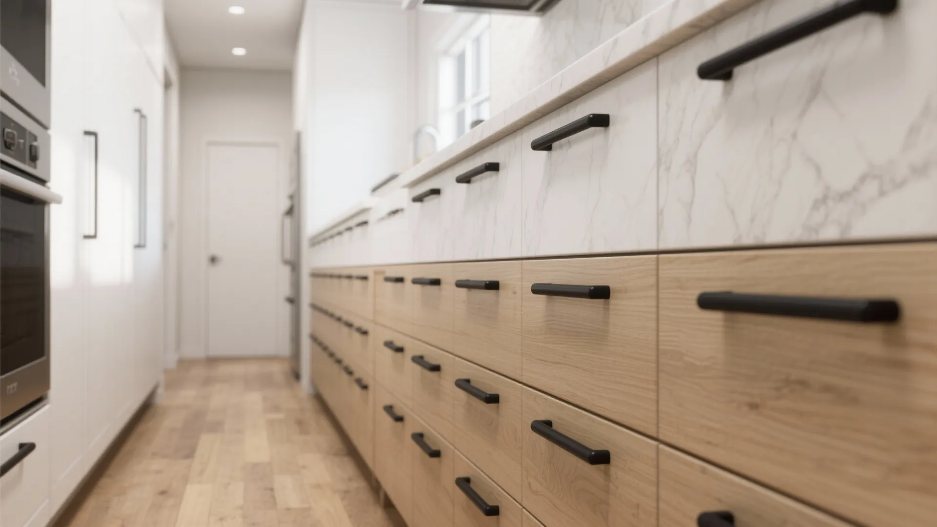 Long row of light wood kitchen drawers with black handles below a white marble countertop