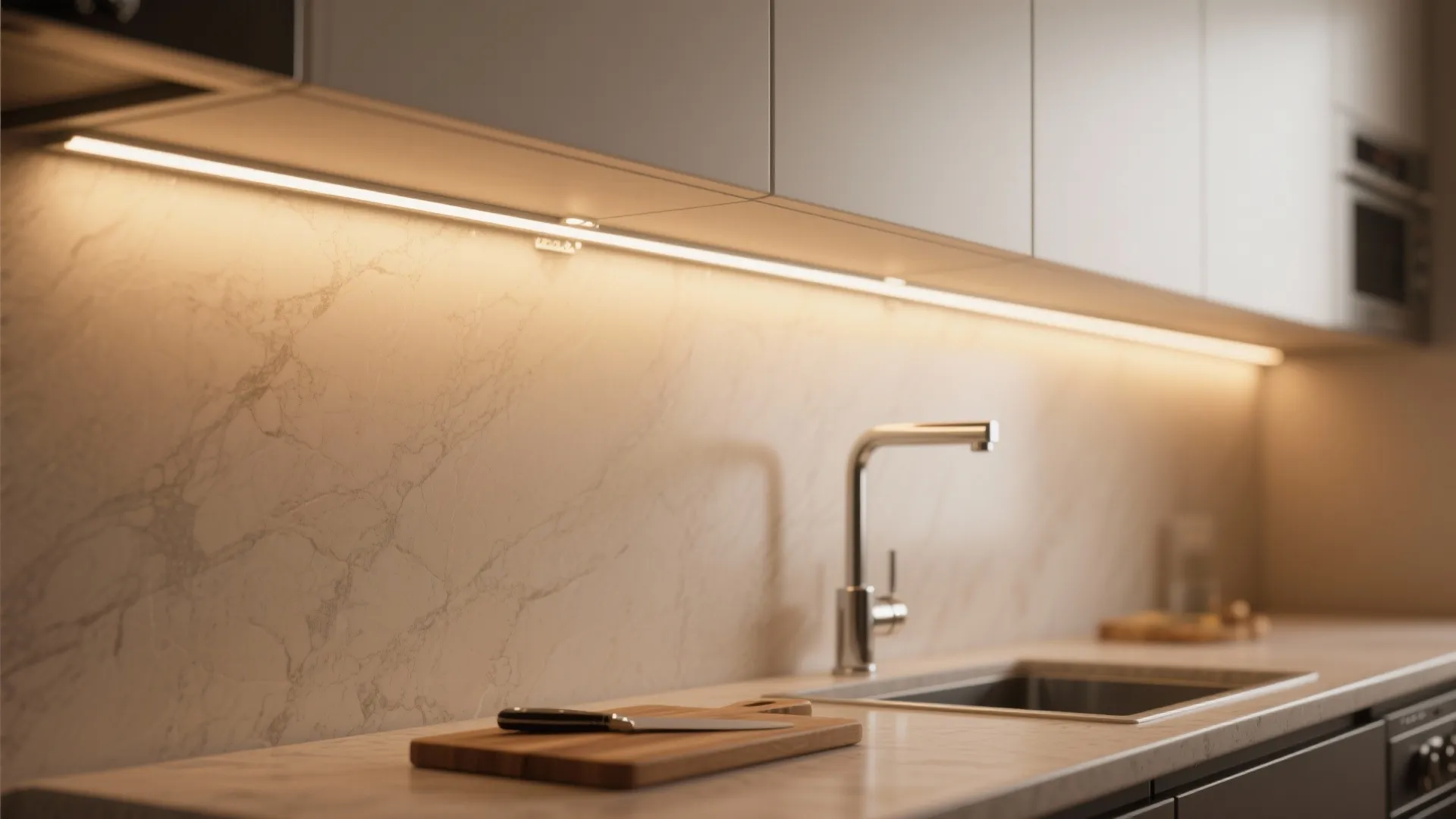 Close up of kitchen counter with warm light strip under cabinets near sink and cutting board