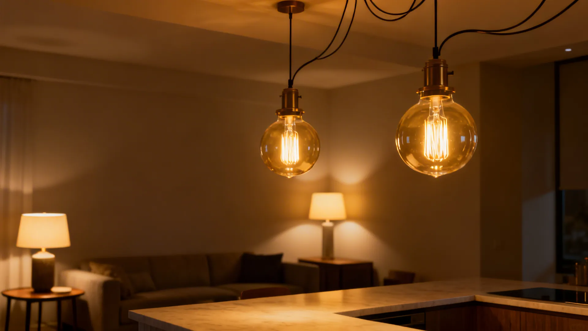 Warm living room with two large round ceiling lights grey sofa table lamps and kitchen counter