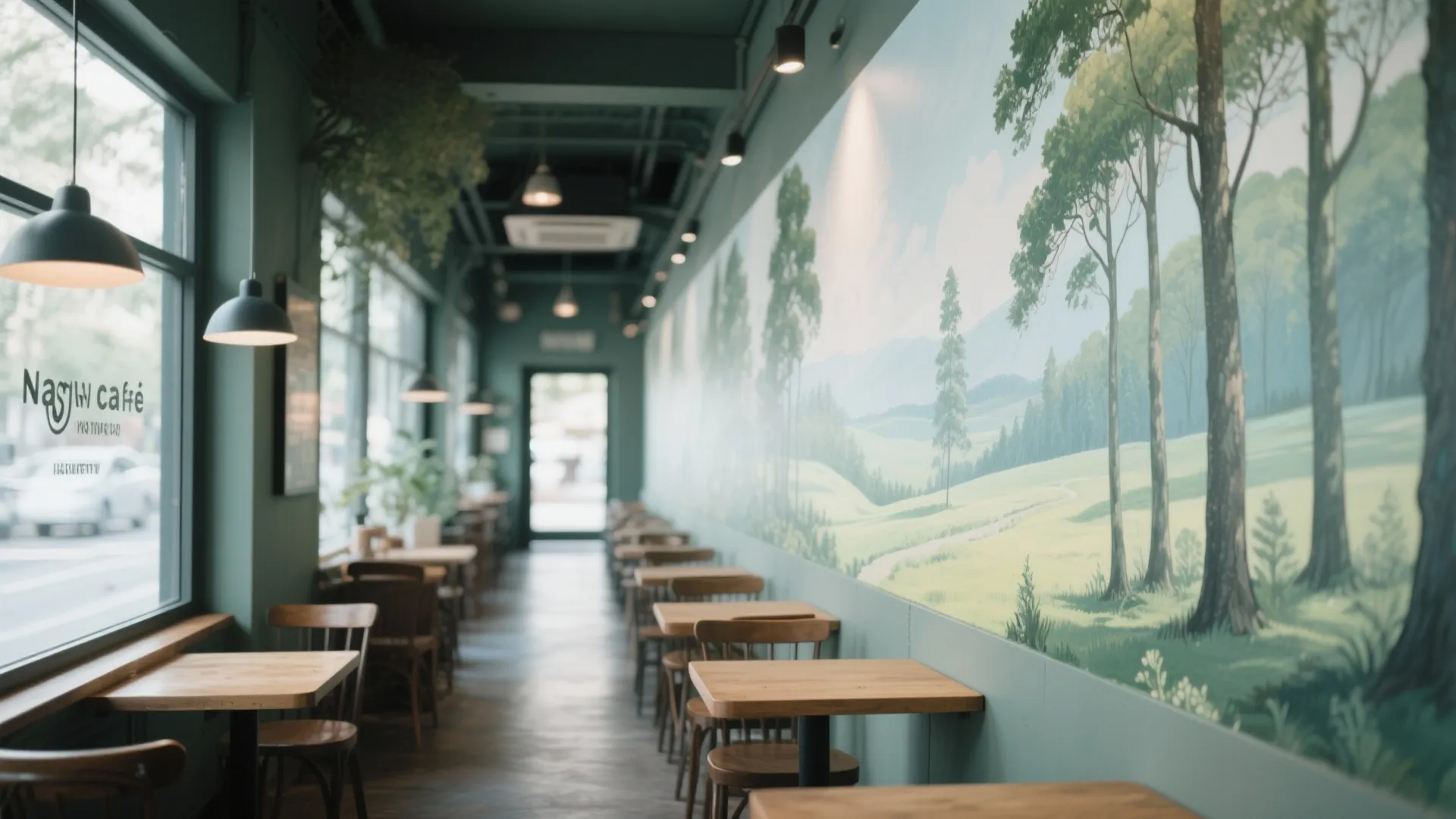 Modern cafe interior featuring a large nature wall painting with green trees and wooden tables