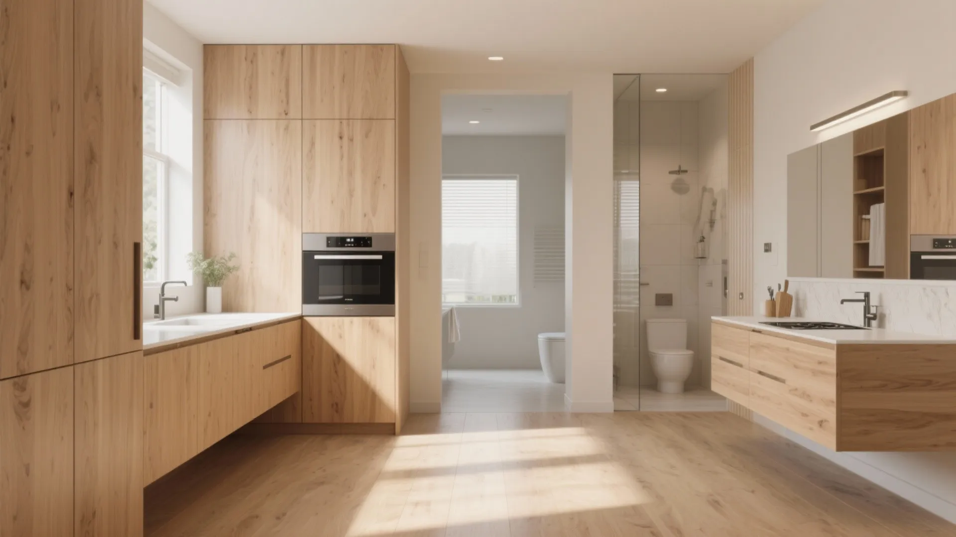 3. Continuous oak cabinetry for cohesion