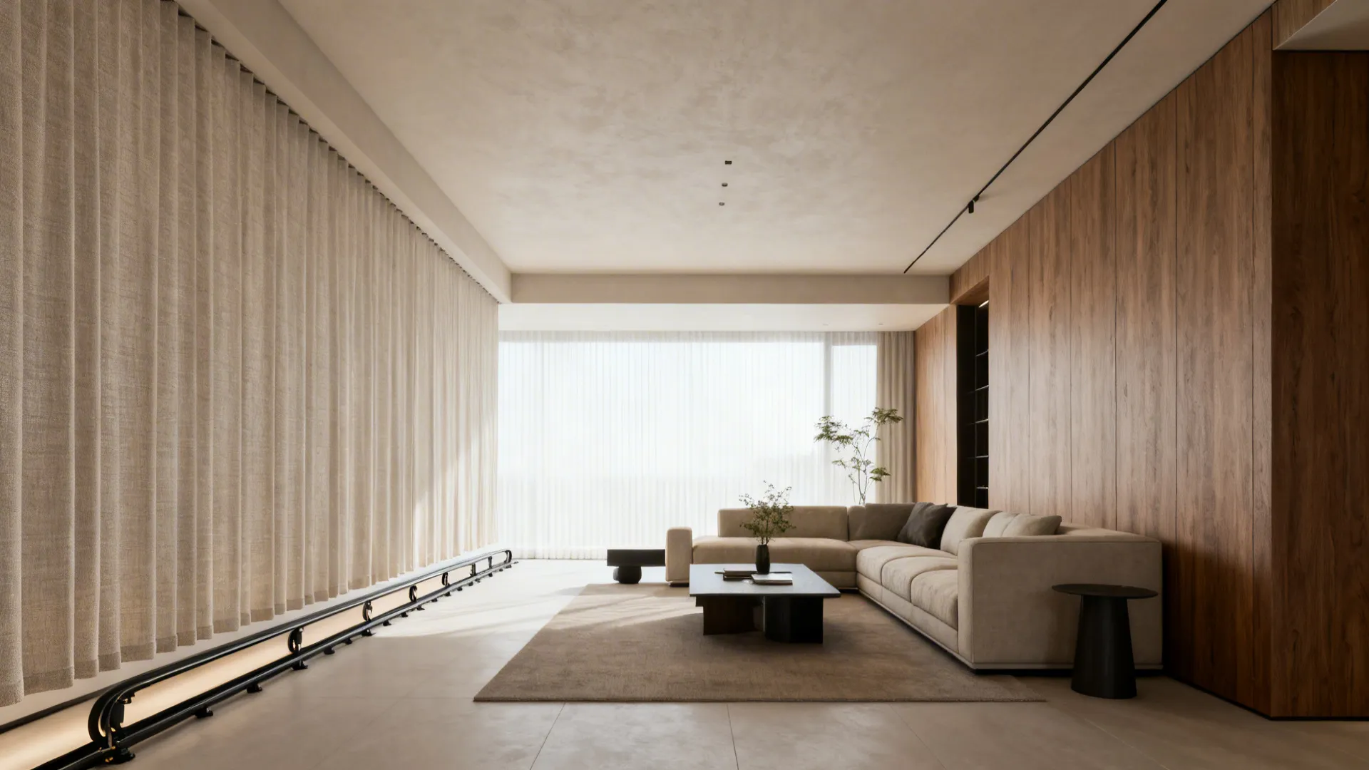 Minimalist living room with floor-to-ceiling panels on a continuous track emphasizing ceiling height