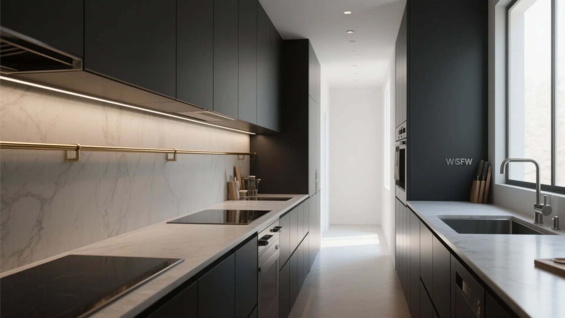 Dark grey galley kitchen with white marble wall gold metal rail lighting and slim windows