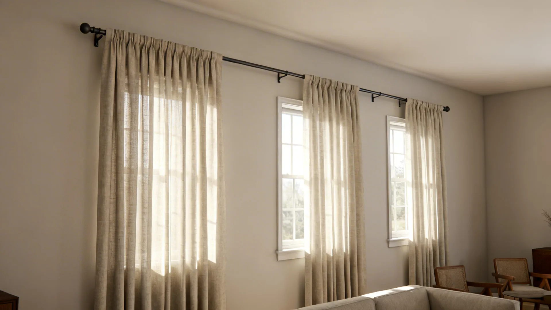Three windows unified by a single continuous curtain rod with linen panels and visible support brackets.
