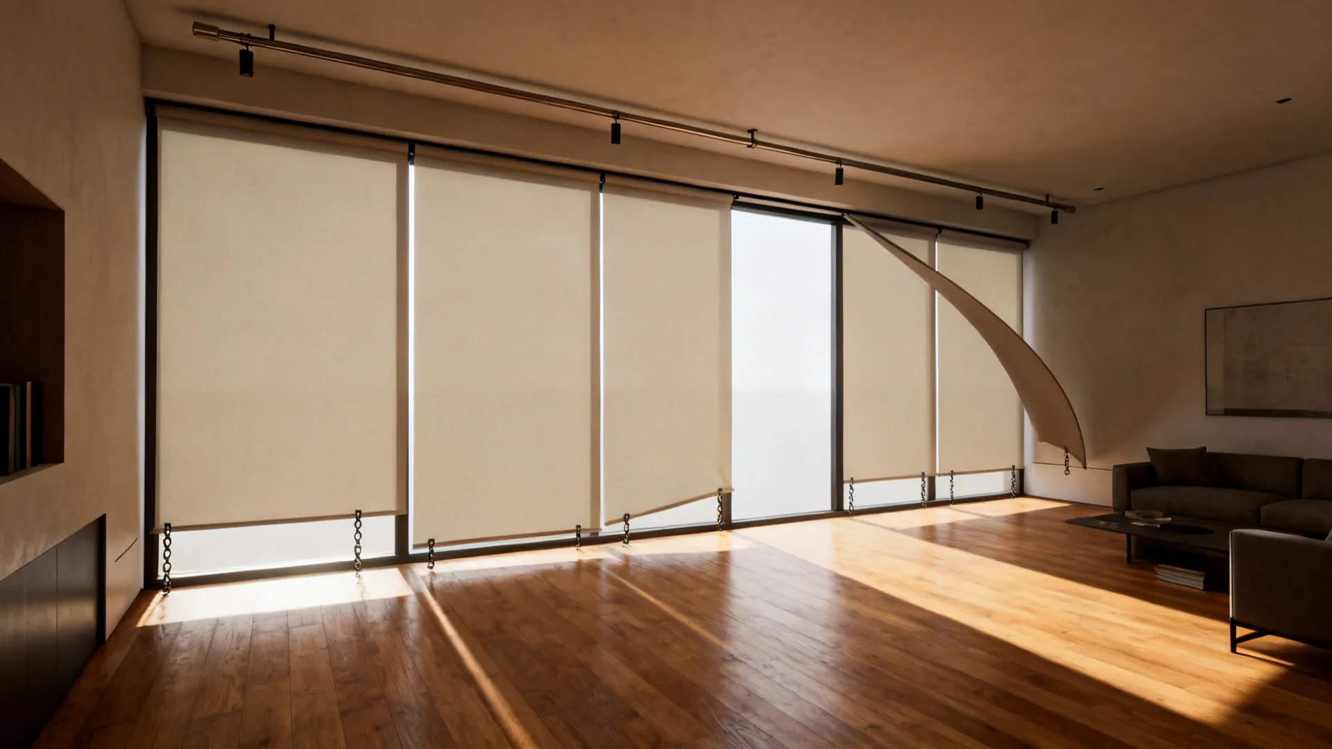 Continuous rod with floor-to-ceiling curtain panels spanning a wide window wall showing unified grandeur.