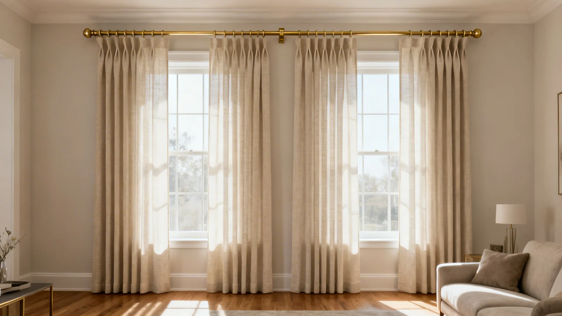 Two large windows featuring beige curtains hanging from a single long gold rod in bright sunlight