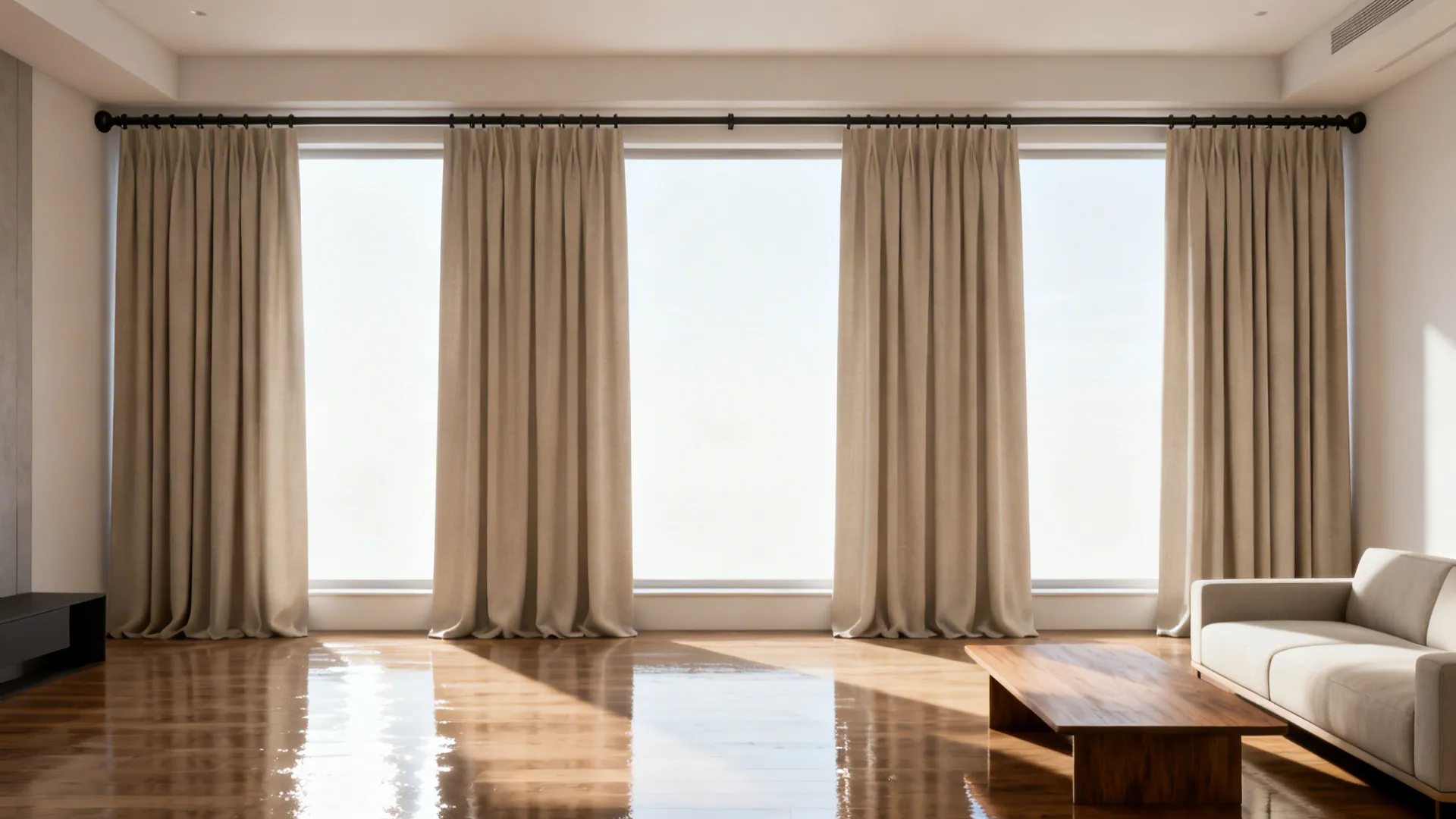 Three windows unified by a continuous curtain rod creating a panoramic, streamlined look.
