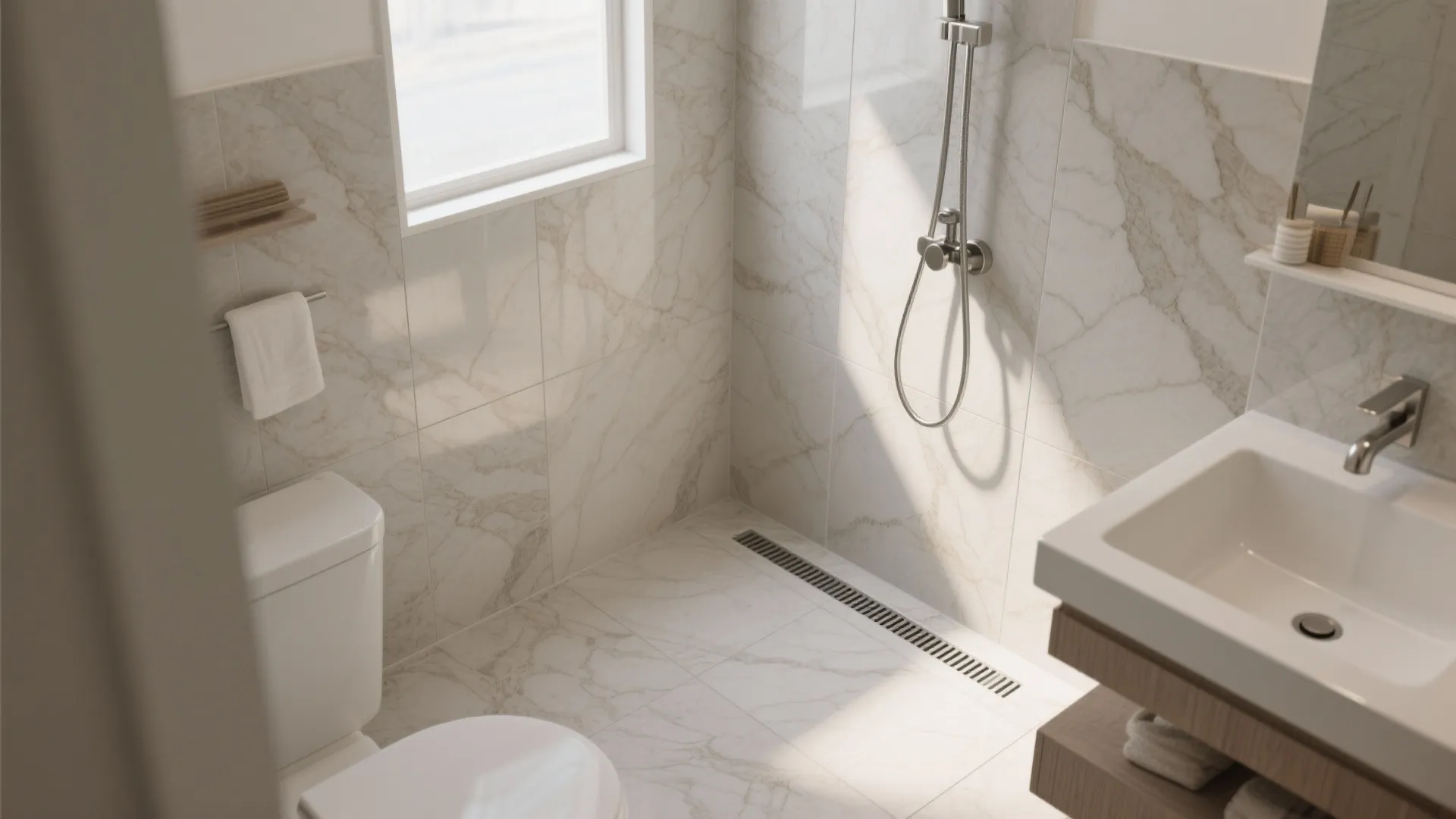 Curbless shower with continuous stone-look porcelain across wall and floor.