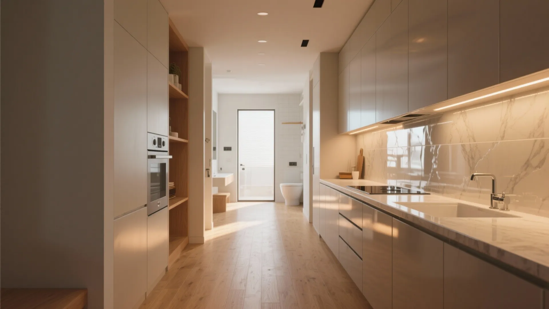 Modern narrow kitchen with white cabinets wooden floor leading to a bright white bathroom area