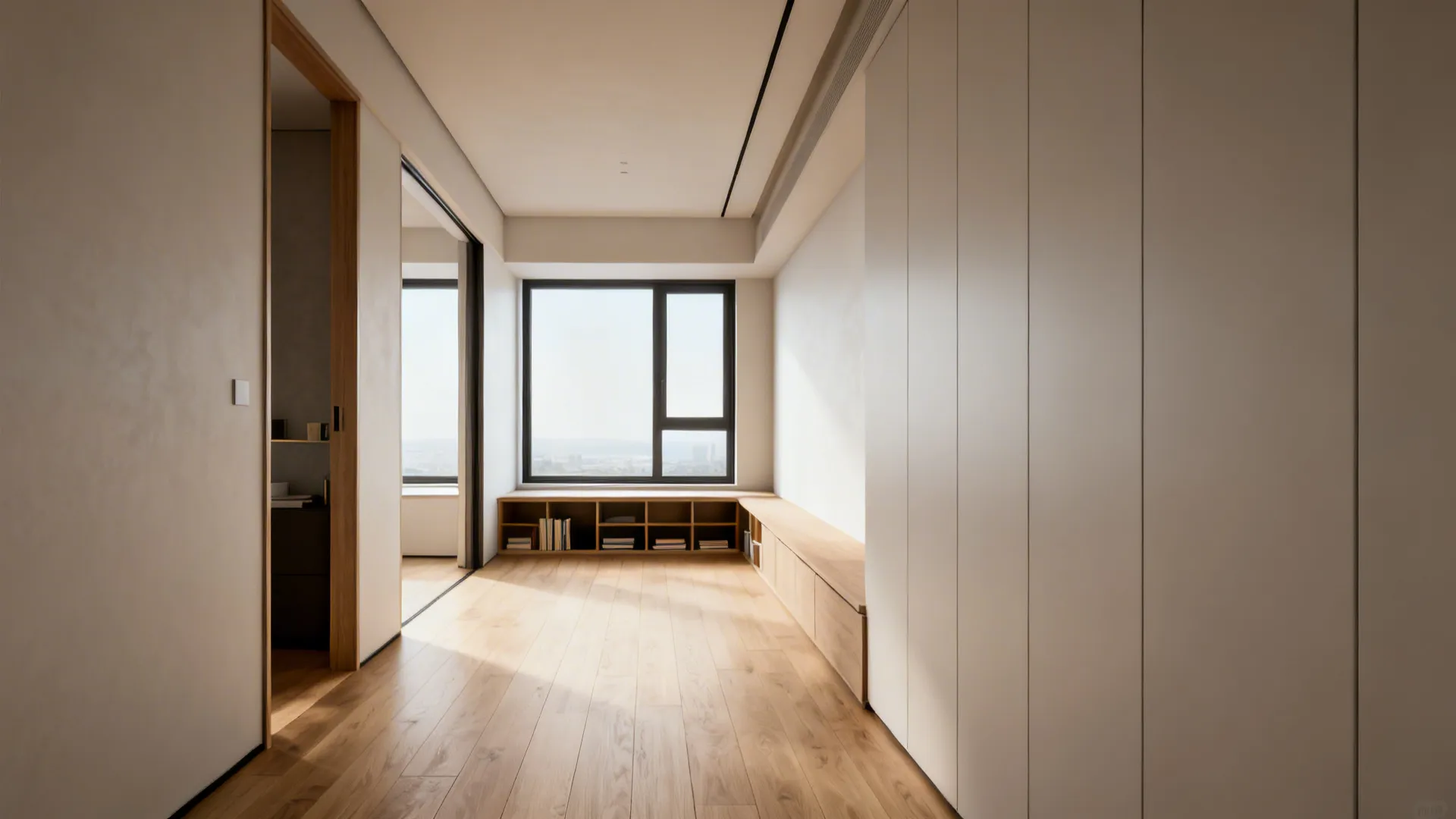 Continuous light wood flooring and low built-in storage creating uninterrupted sightlines between rooms