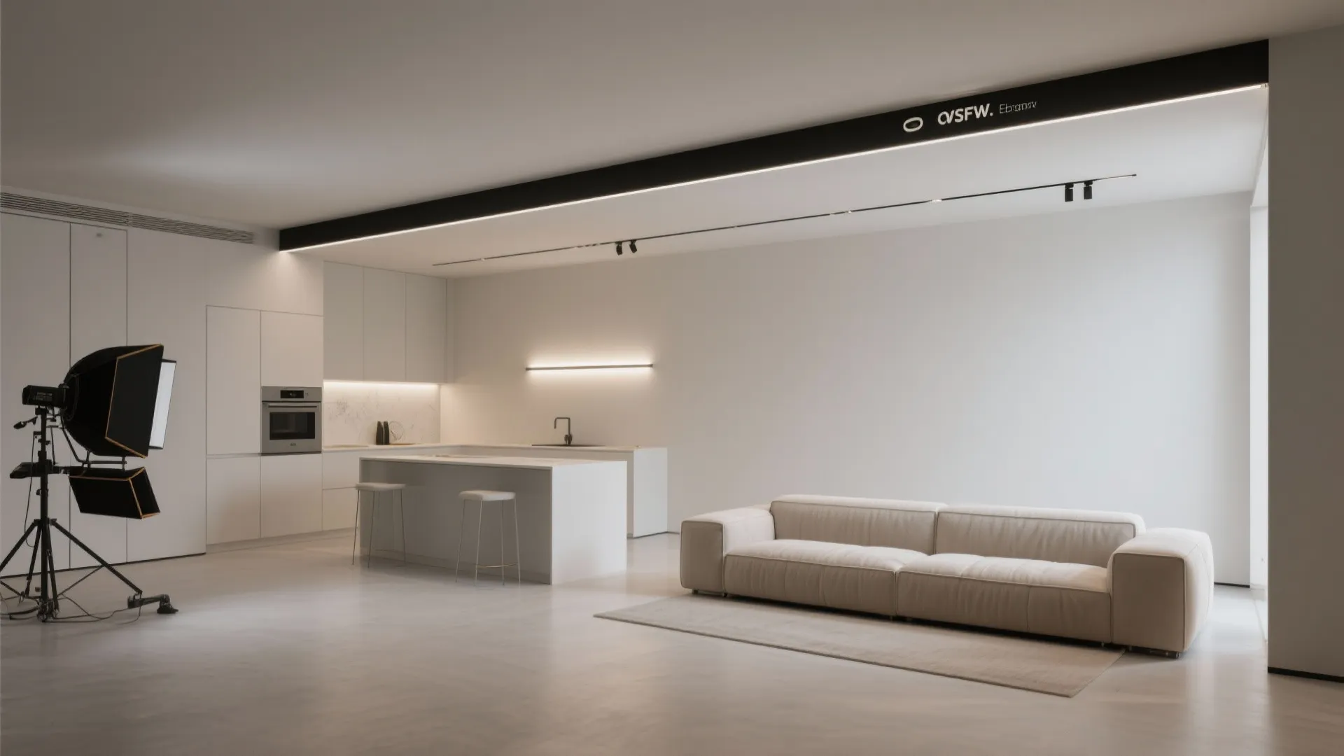 Minimalist living room with white sofa and kitchen island featuring black track light on ceiling