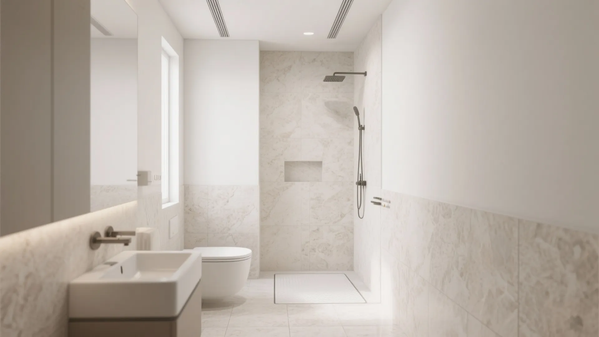 Modern bathroom interior design drawing with marble wall tiles white toilet sink and shower head