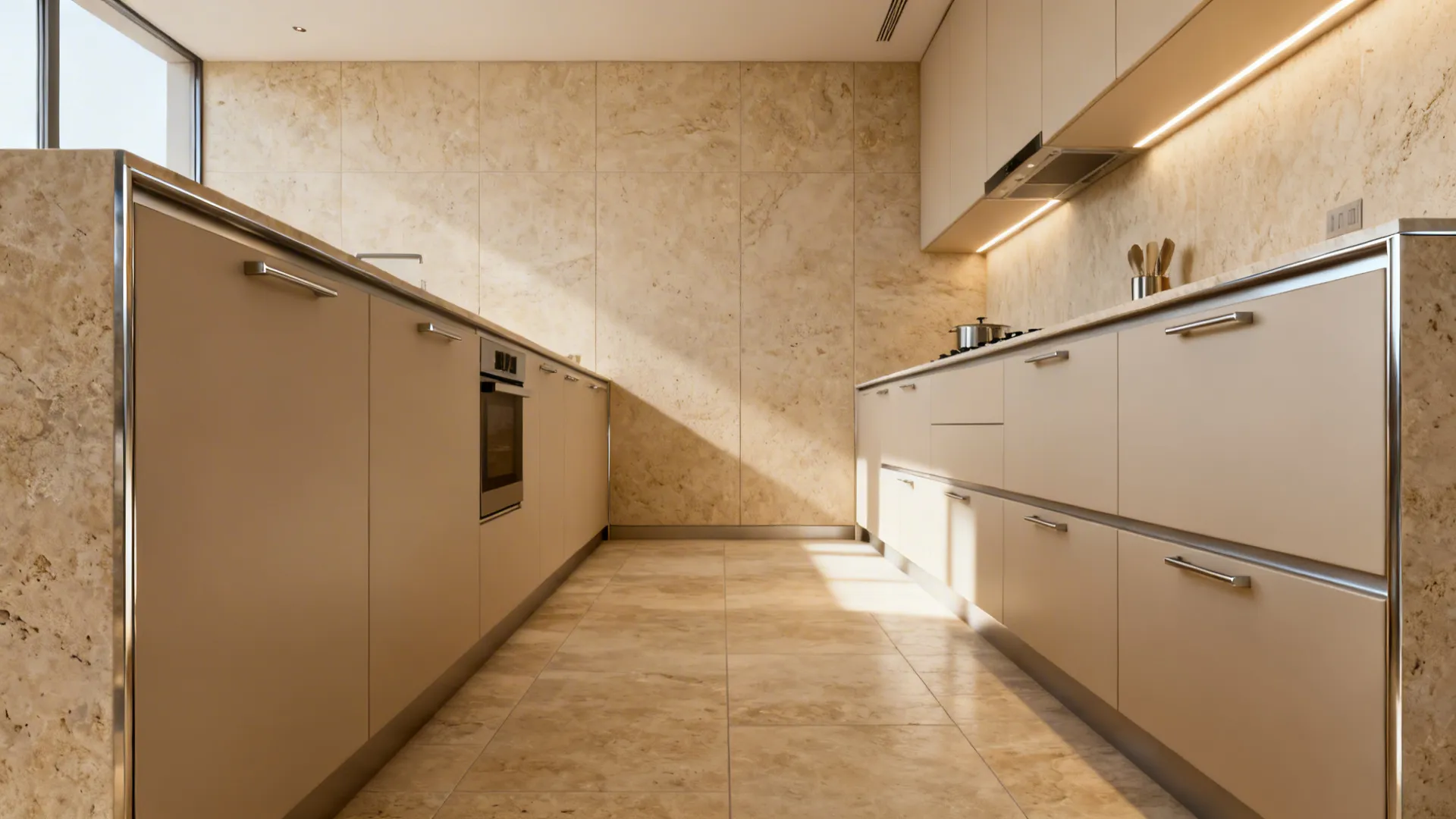 Galley kitchen with stone-look porcelain continuing from floor to full-height backsplash