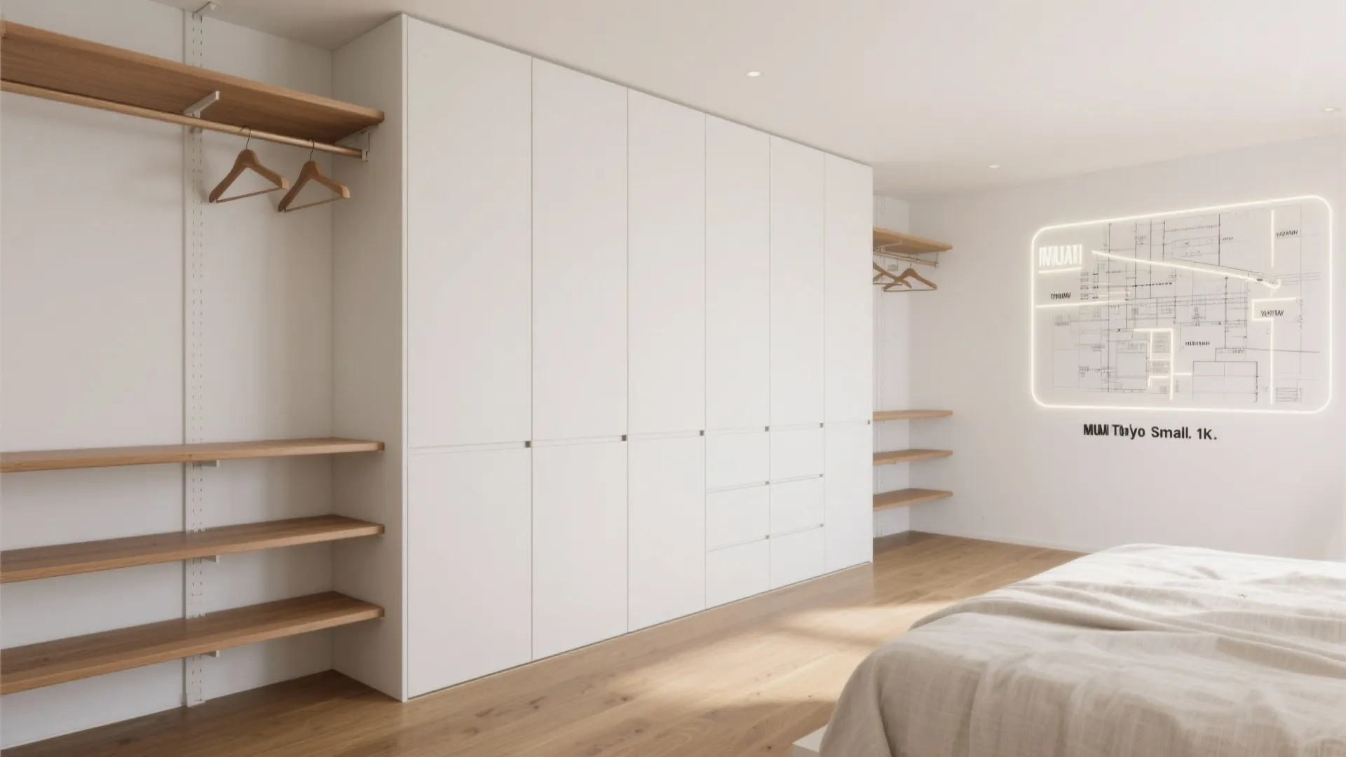 収納は“点”より“帯”：収納技巧で壁面を連続化し床面を空ける