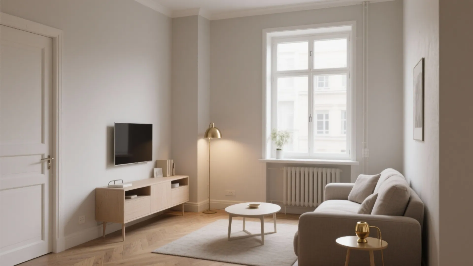 Modern living room with beige sofa coffee table wooden cabinet floor lamp and large bright window