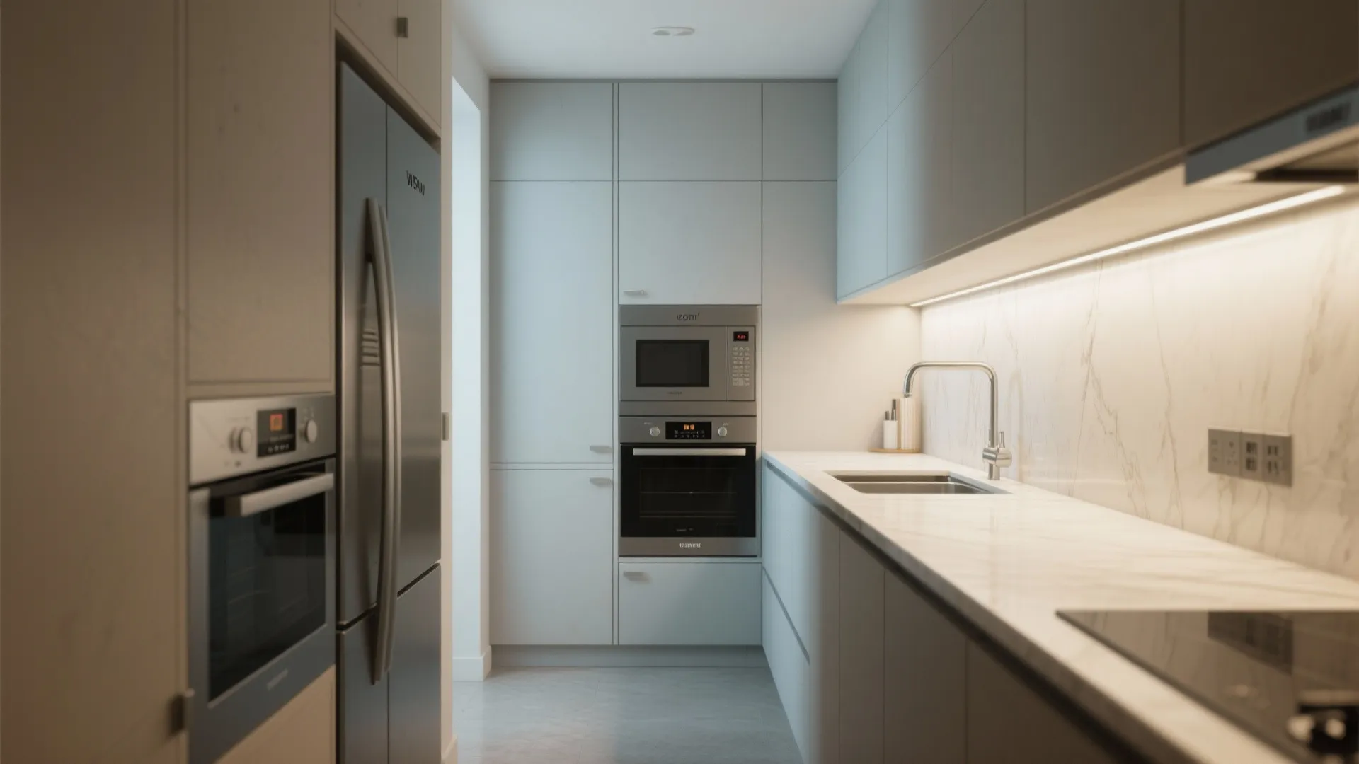 2. Use a continuous work surface and integrated appliances