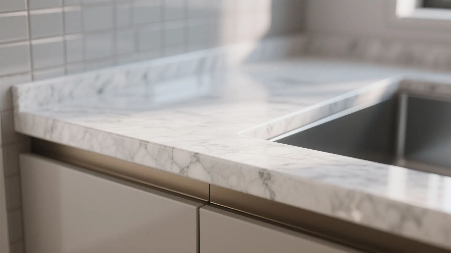 Close up of a white marble kitchen countertop with grey veins next to a sink