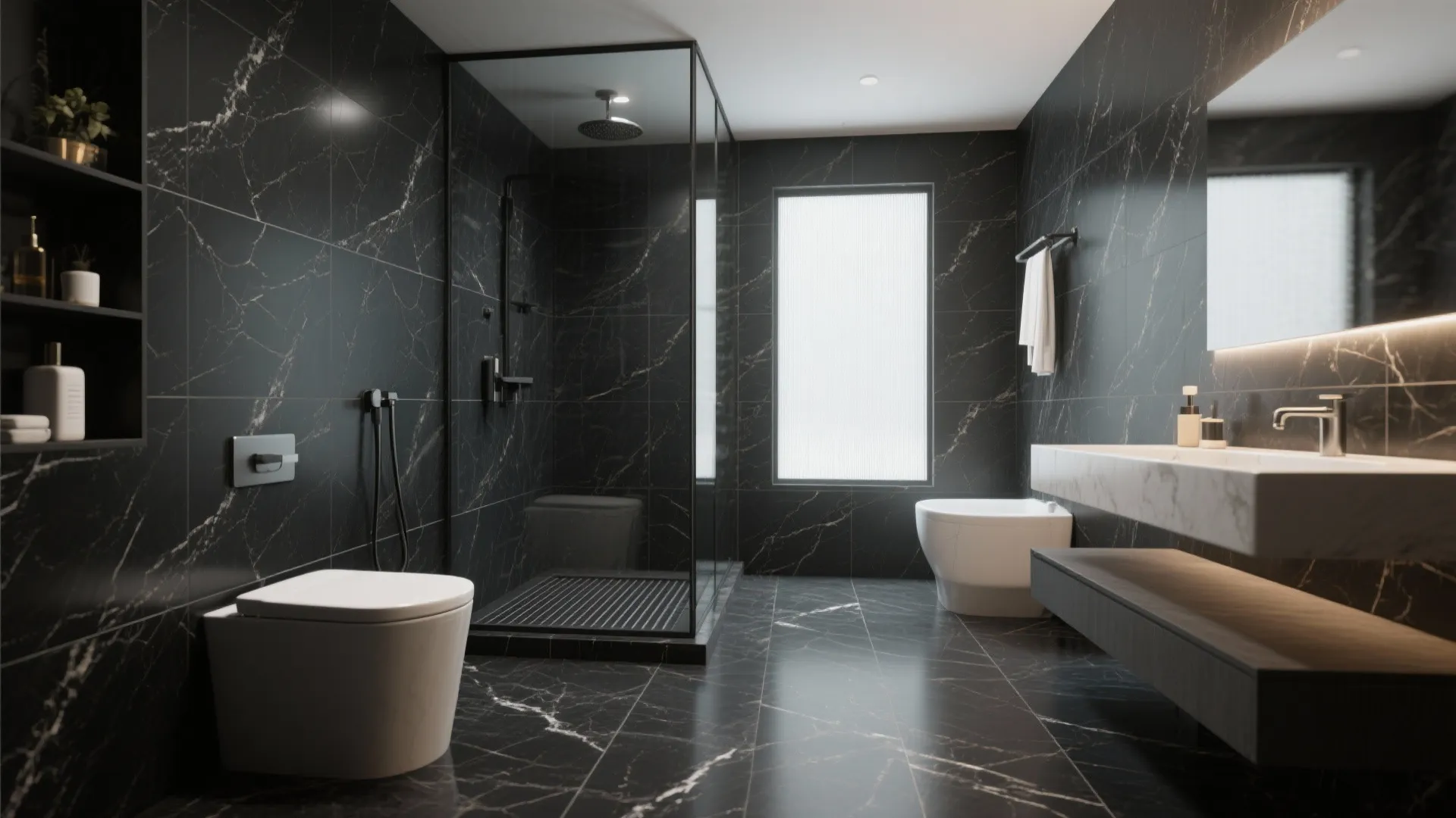 Seamless black marble tiles wet room with a curbless linear drain layout, continuous surfaces, and minimal glass control in a small bath.