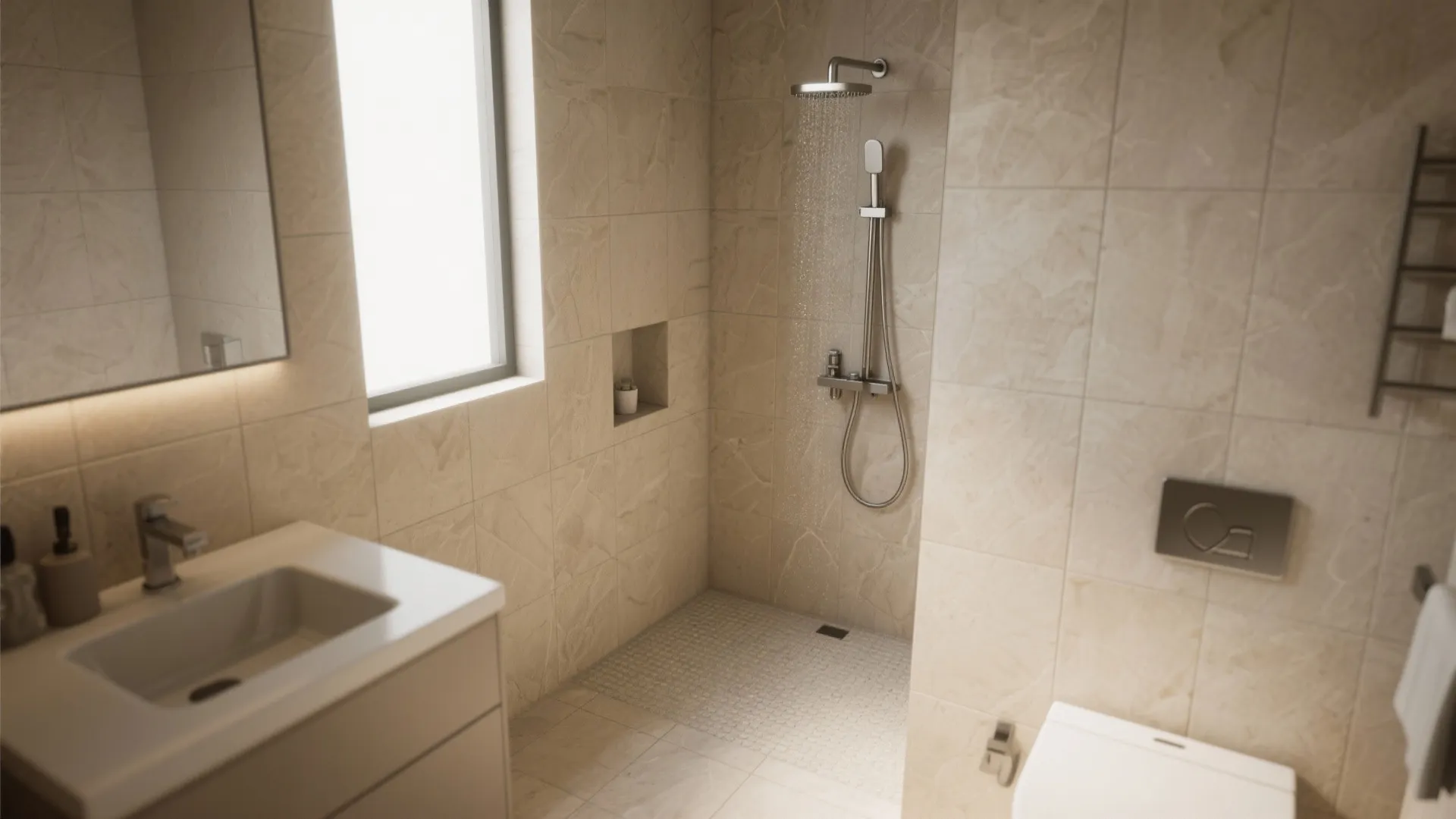 Modern bathroom with beige stone wall tiles a walk in shower and white sink cabinet