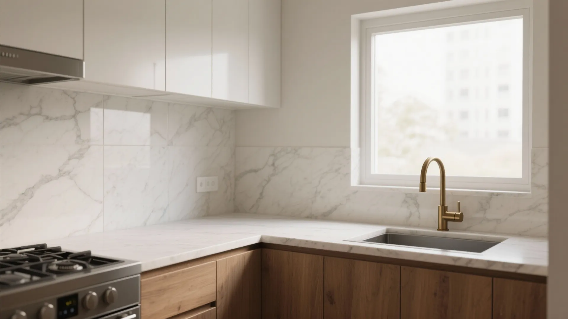 Modern kitchen with white marble countertop gold faucet wooden cabinets white upper cupboards and window