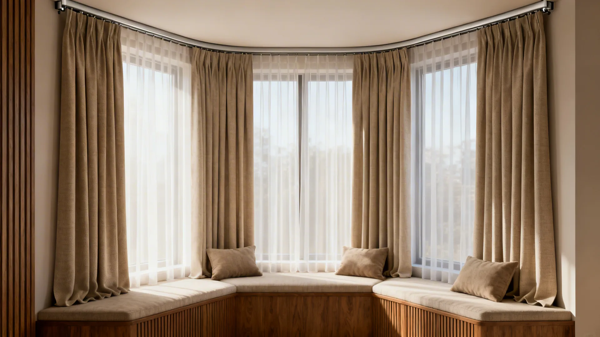 Curved curtain track on bay window with brown drapes white sheer curtains and three pillows