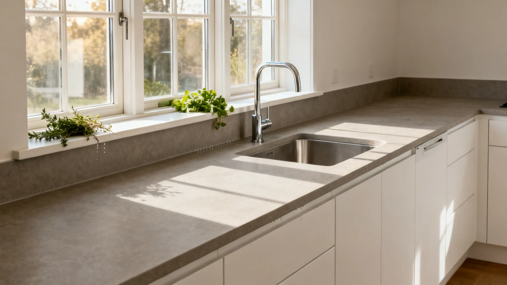 Galley kitchen with a continuous porcelain slab from countertop to window ledge in soft morning light.