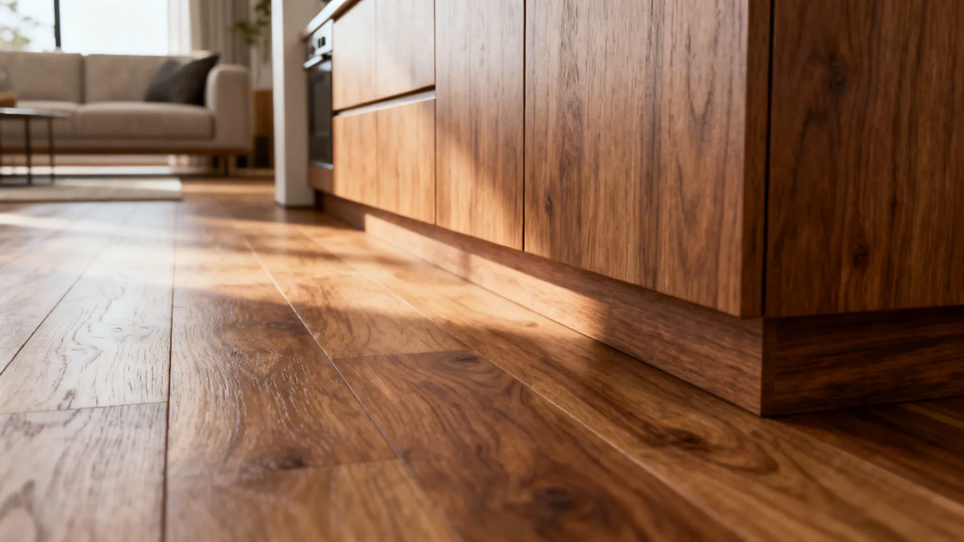 Close-up of matching wood floor and kitchen cabinet material showing continuous flow